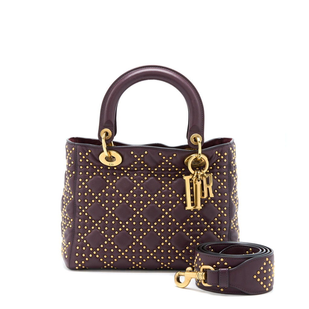 DIOR MEDIUM LADY DIOR ROCK-STUD CALFSKIN DARK RED GHW