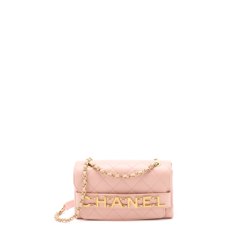CHANEL FRONT LOGO FLAP BAG CALFSKIN PINK BRUSHED GHW