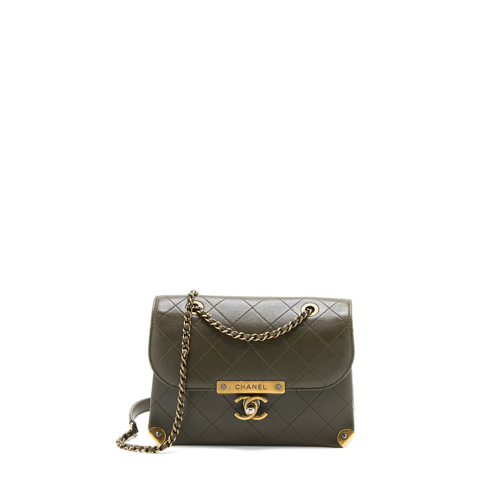 CHANEL MESSENGER FLAP BAG LAMBSKIN OLIVE GREEN RUTHENIUM GHW