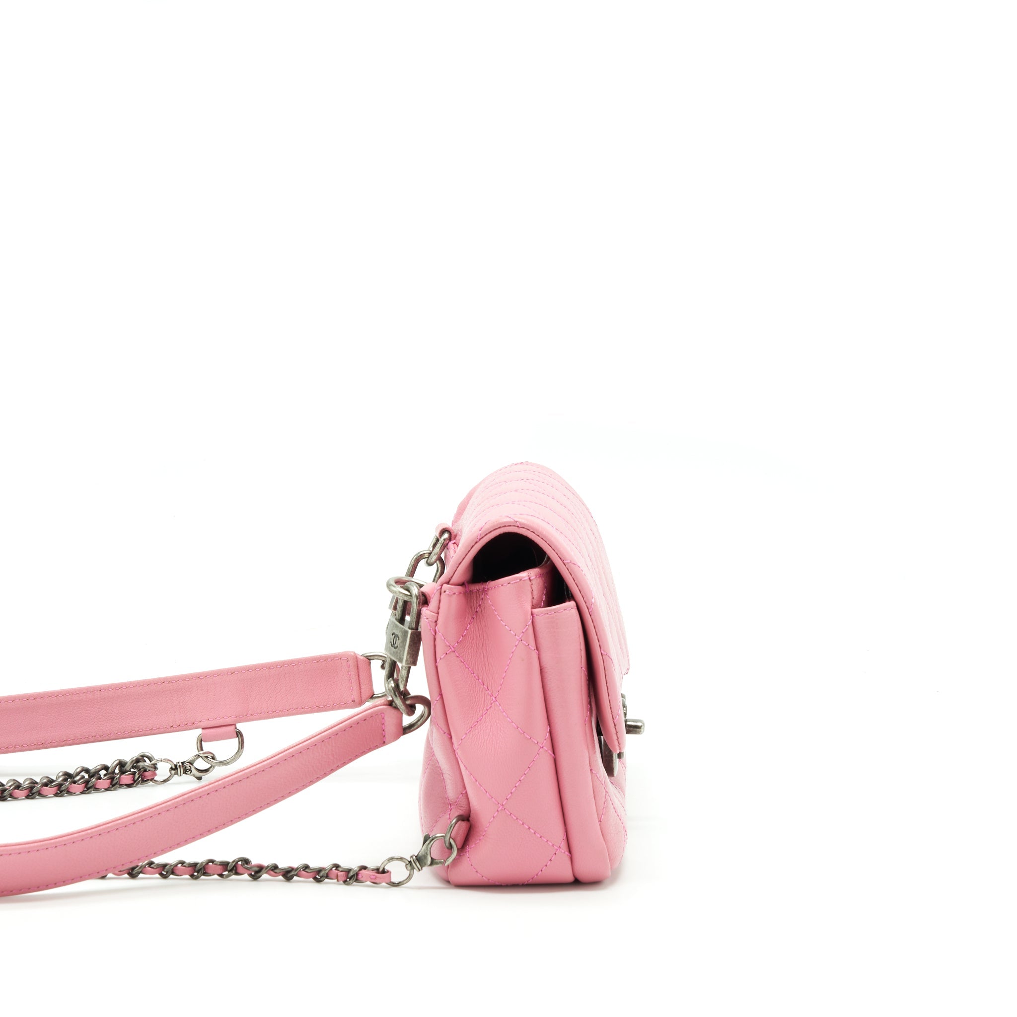 CHANEL QUILTED FLAP CROSS BODY BAG PINK WITH RUTHENIUM HARDWARE