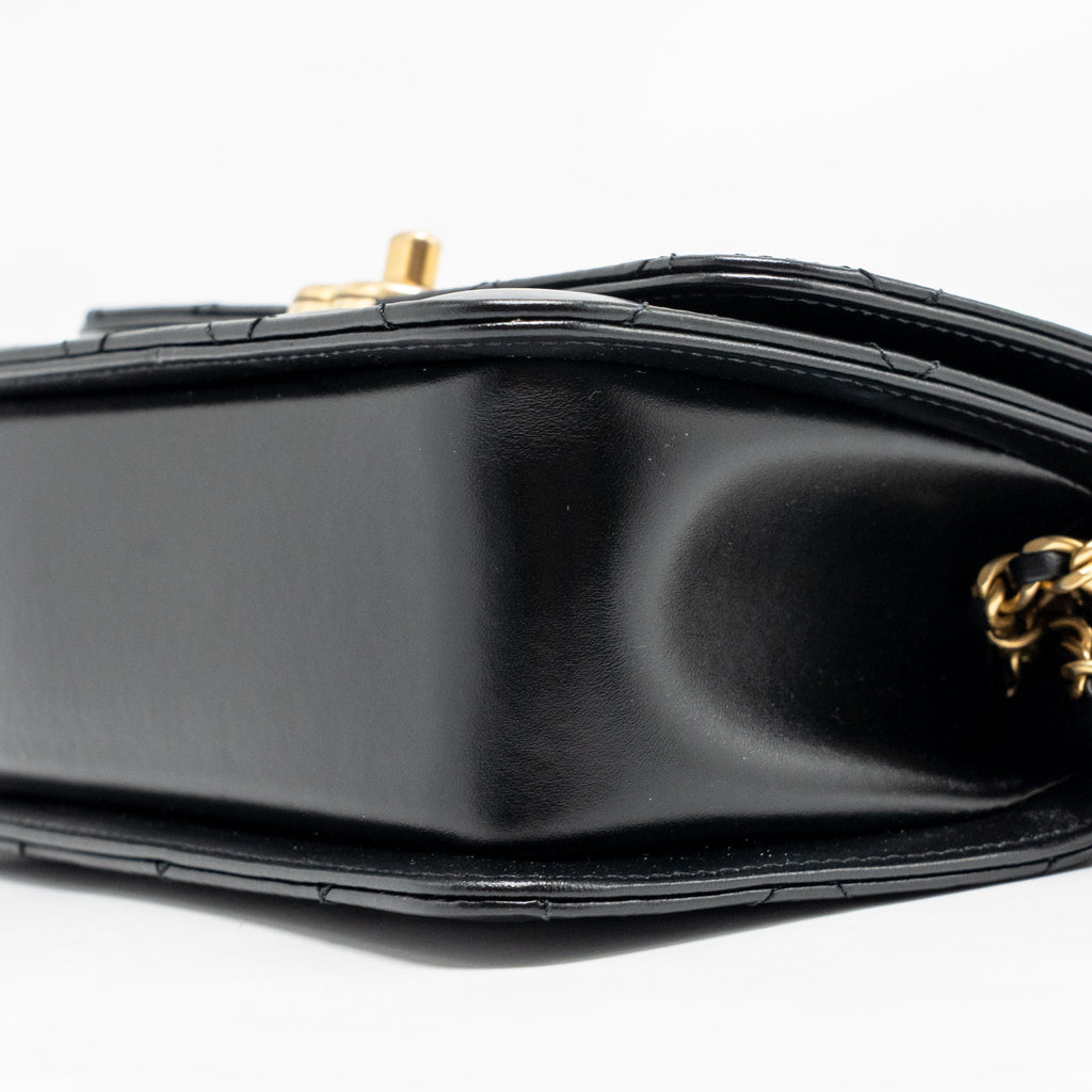 CHANEL GOLD CRUSH MINI FLAP BAG CALFSKIN BLACK GHW (MICROCHIP)