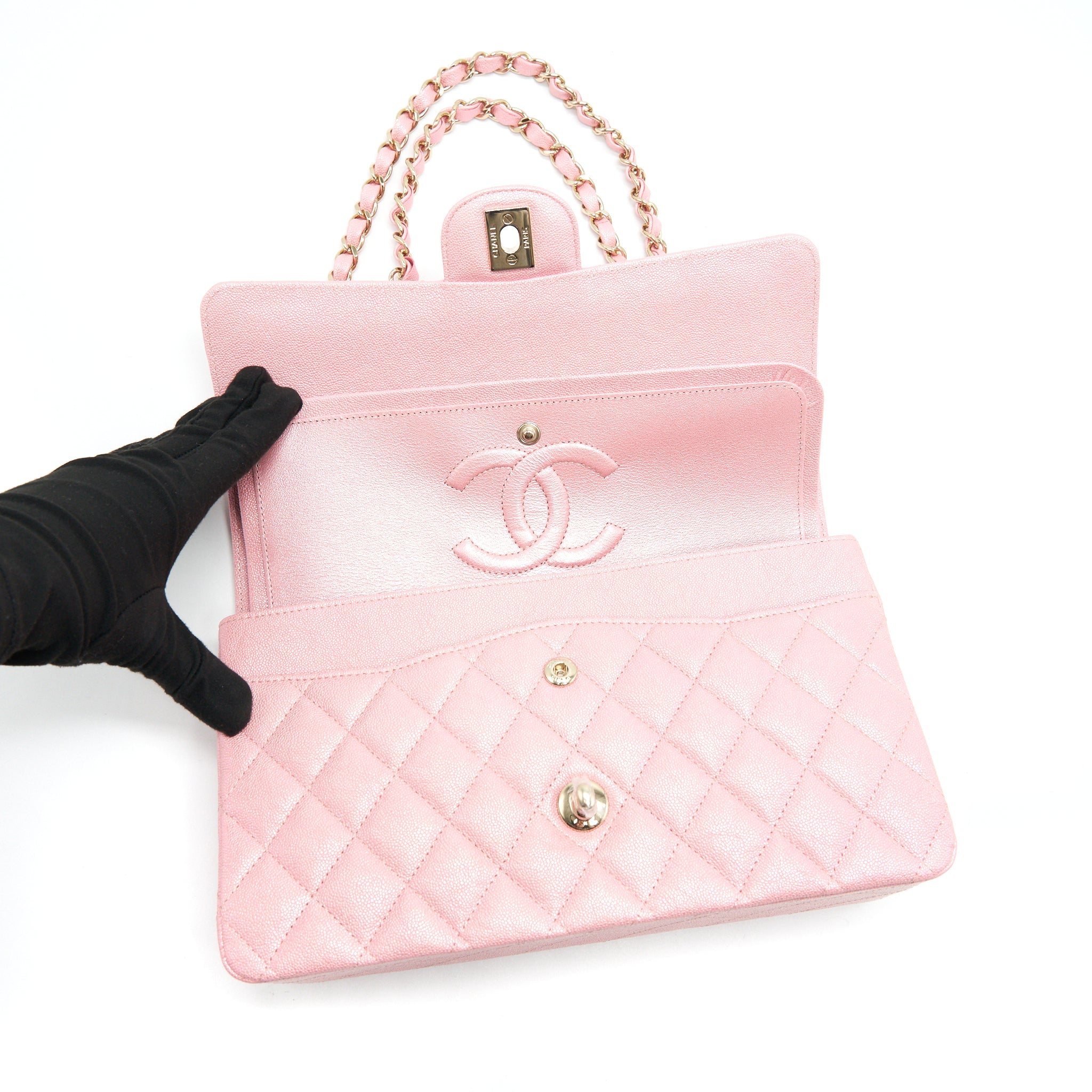 CHANEL IRIDESCENT PEARLY PINK MEDIUM CLASSIC DOUBLE FLAP BAG CAVIAR WITH LGHW