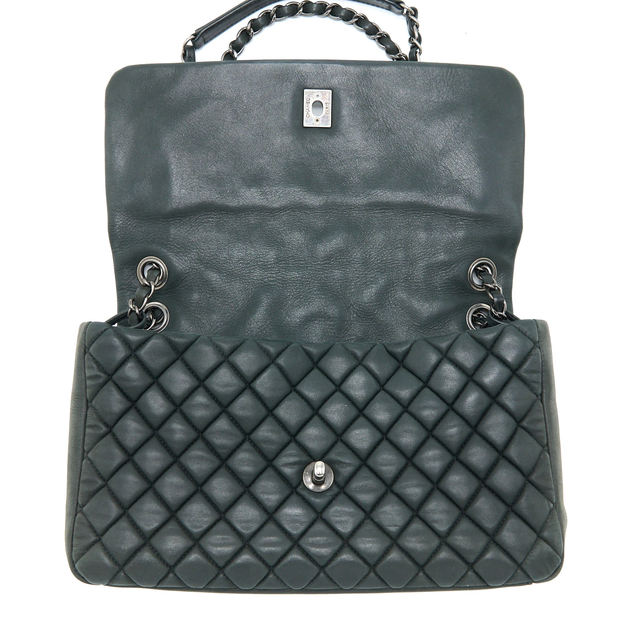CHANEL QUILTED FLAP BAG IRIDESCENT CALFSKIN DARK GREEN RUTHENIUM SHW