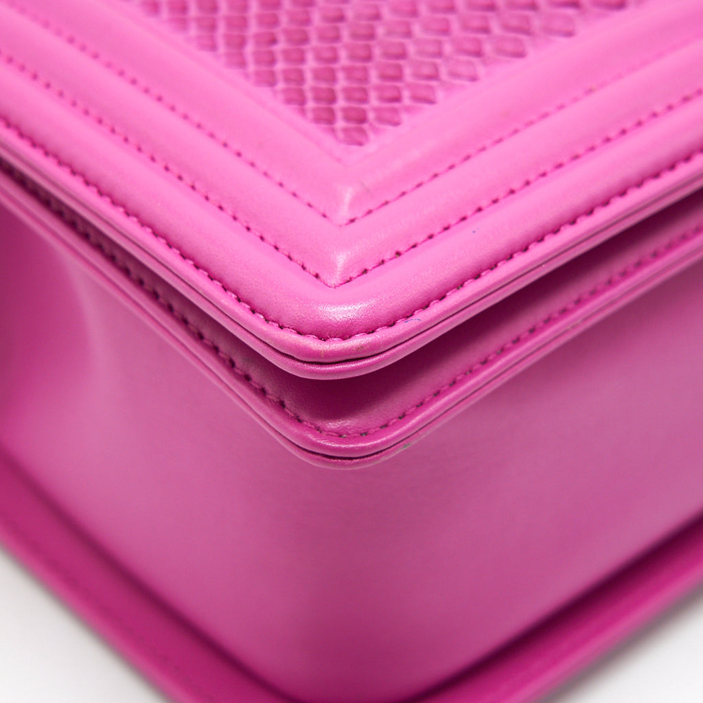 CHANEL MEDIUM LE BOY FLAP BAG IN PYTHON LEATHER PINK WITH BRUSHED SHW