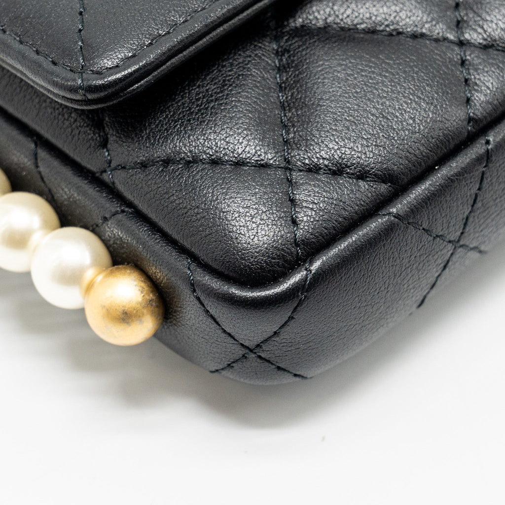 CHANEL MINI FLAP PURSE WITH PEARL CHAIN CALFSKIN GHW