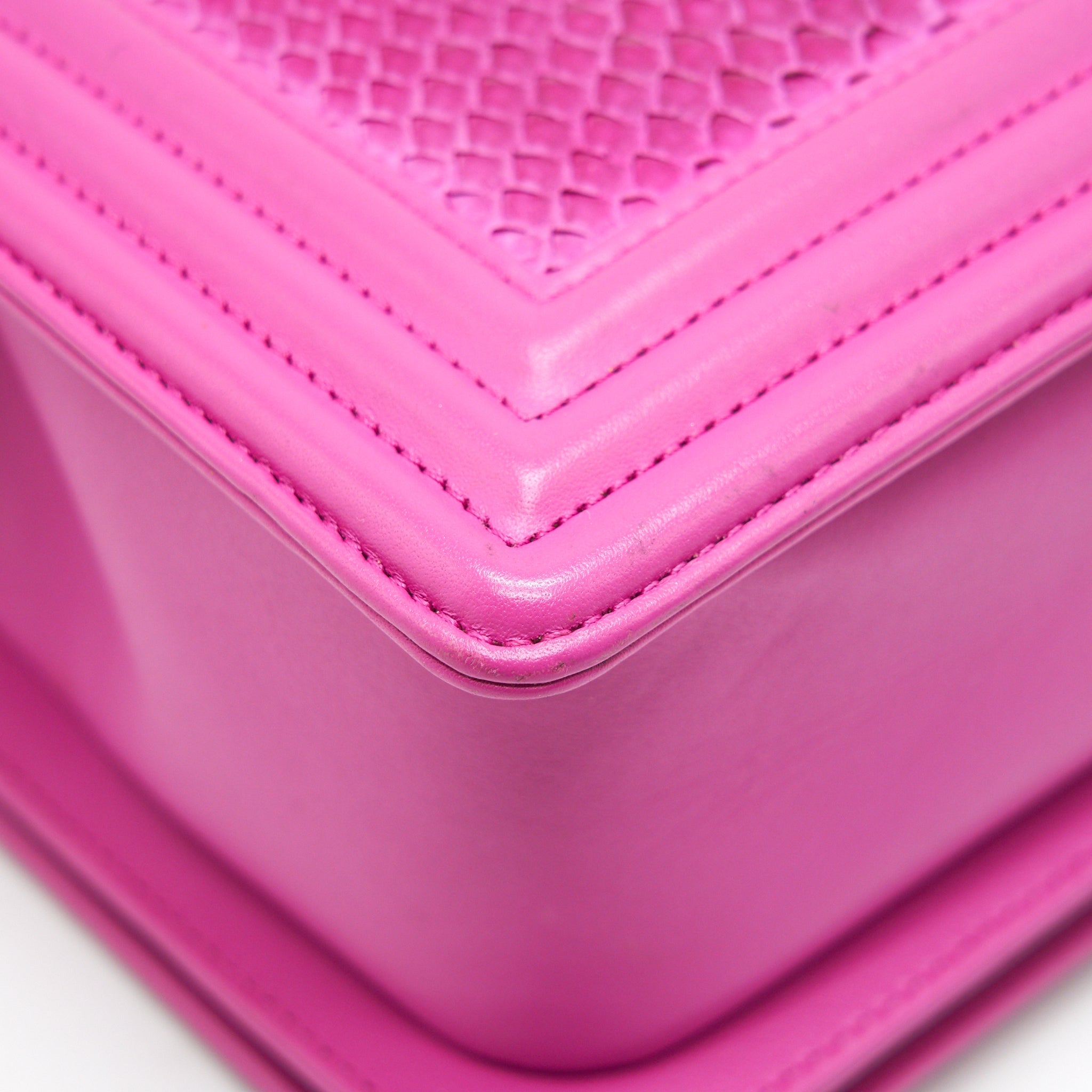 CHANEL MEDIUM LE BOY FLAP BAG IN PYTHON LEATHER PINK WITH BRUSHED SHW