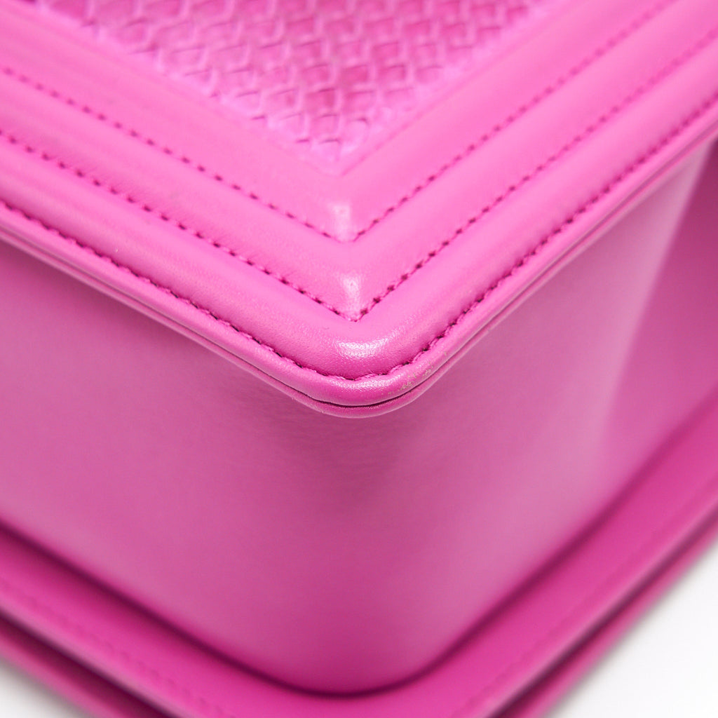 CHANEL MEDIUM LE BOY FLAP BAG IN PYTHON LEATHER PINK WITH BRUSHED SHW