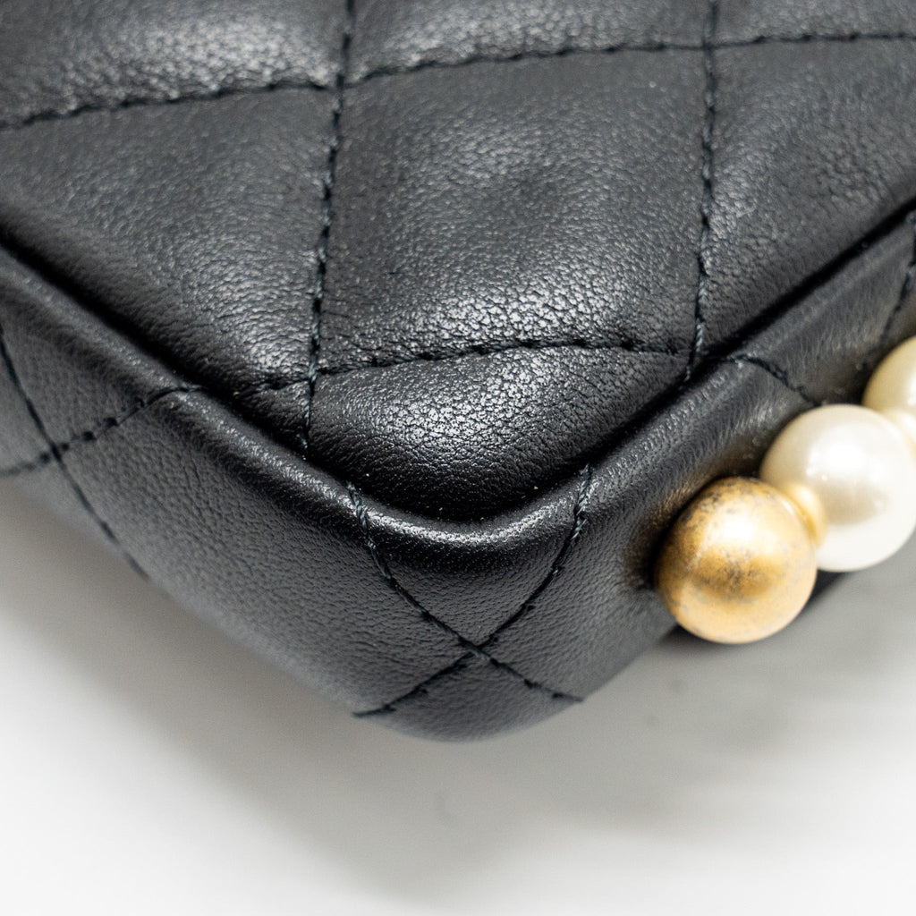 CHANEL MINI FLAP PURSE WITH PEARL CHAIN CALFSKIN GHW