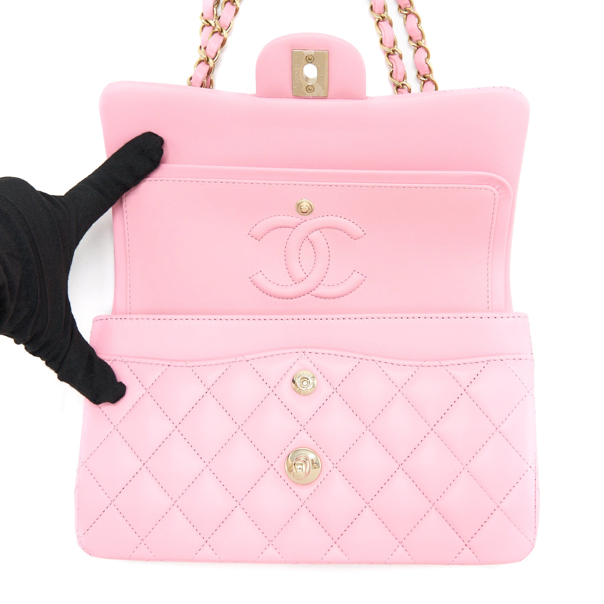 CHANEL SMALL CLASSIC FLAP BAG LAMBSKIN PINK LGHW (MICROCHIP)