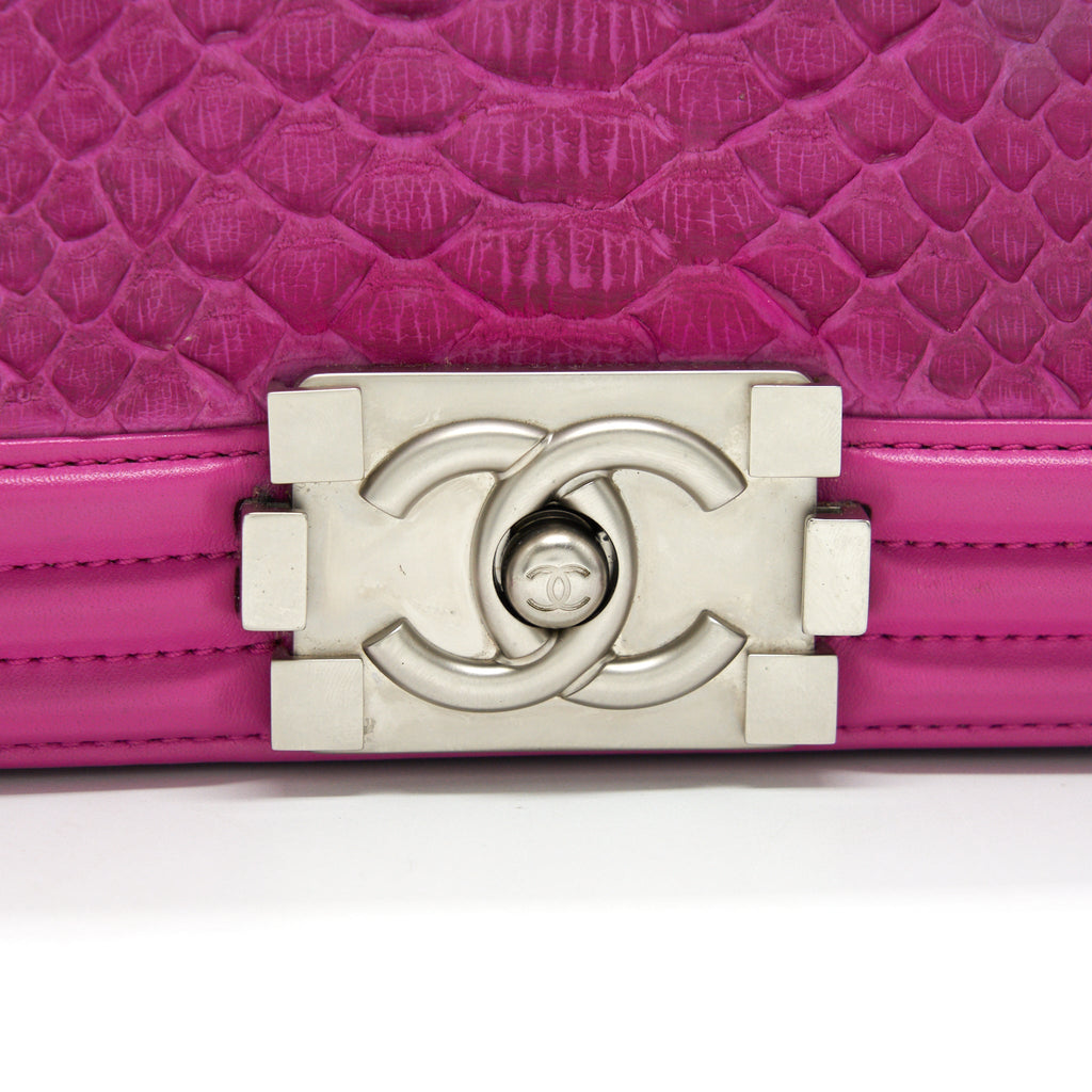 CHANEL MEDIUM LE BOY FLAP BAG IN PYTHON LEATHER PINK WITH BRUSHED SHW