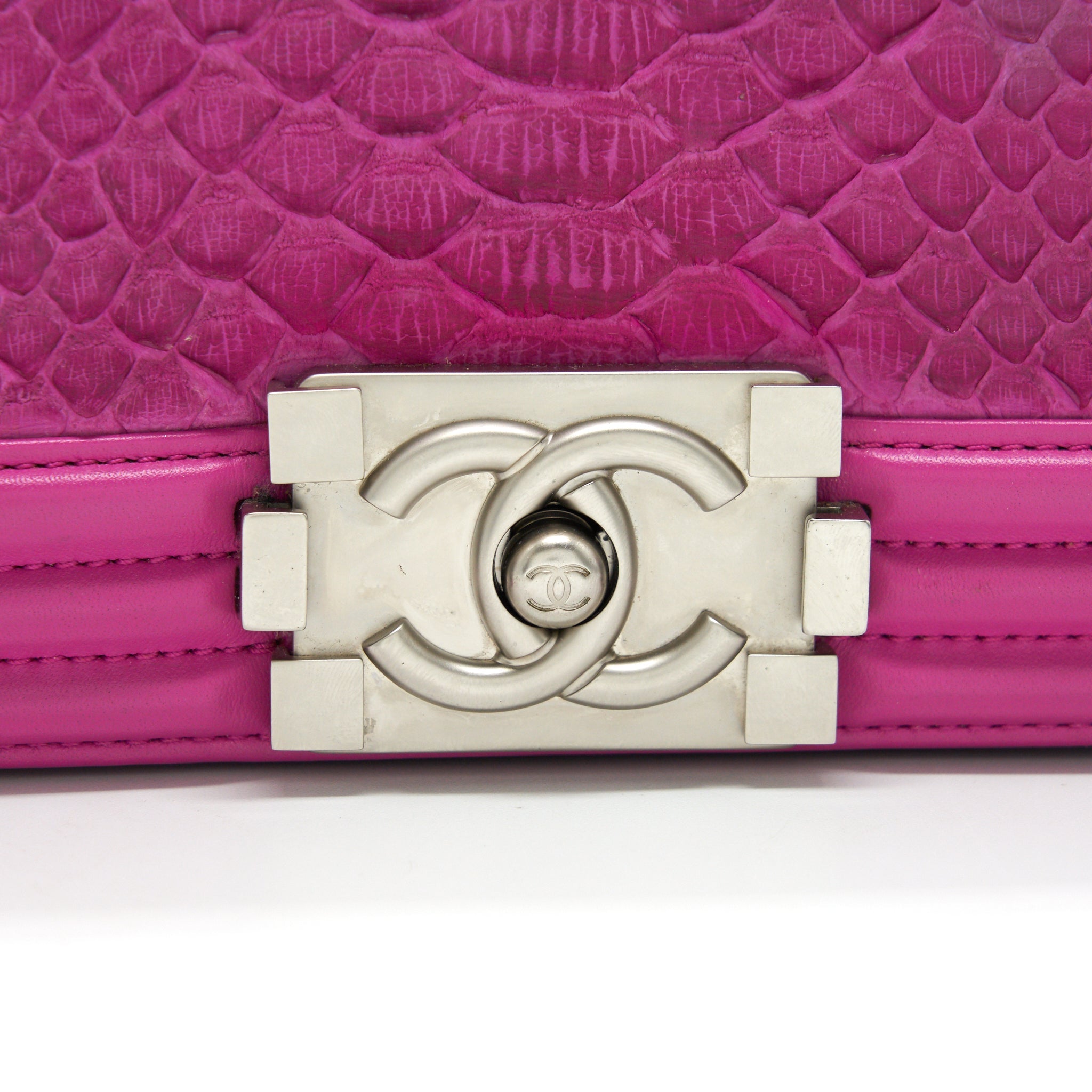 CHANEL MEDIUM LE BOY FLAP BAG IN PYTHON LEATHER PINK WITH BRUSHED SHW