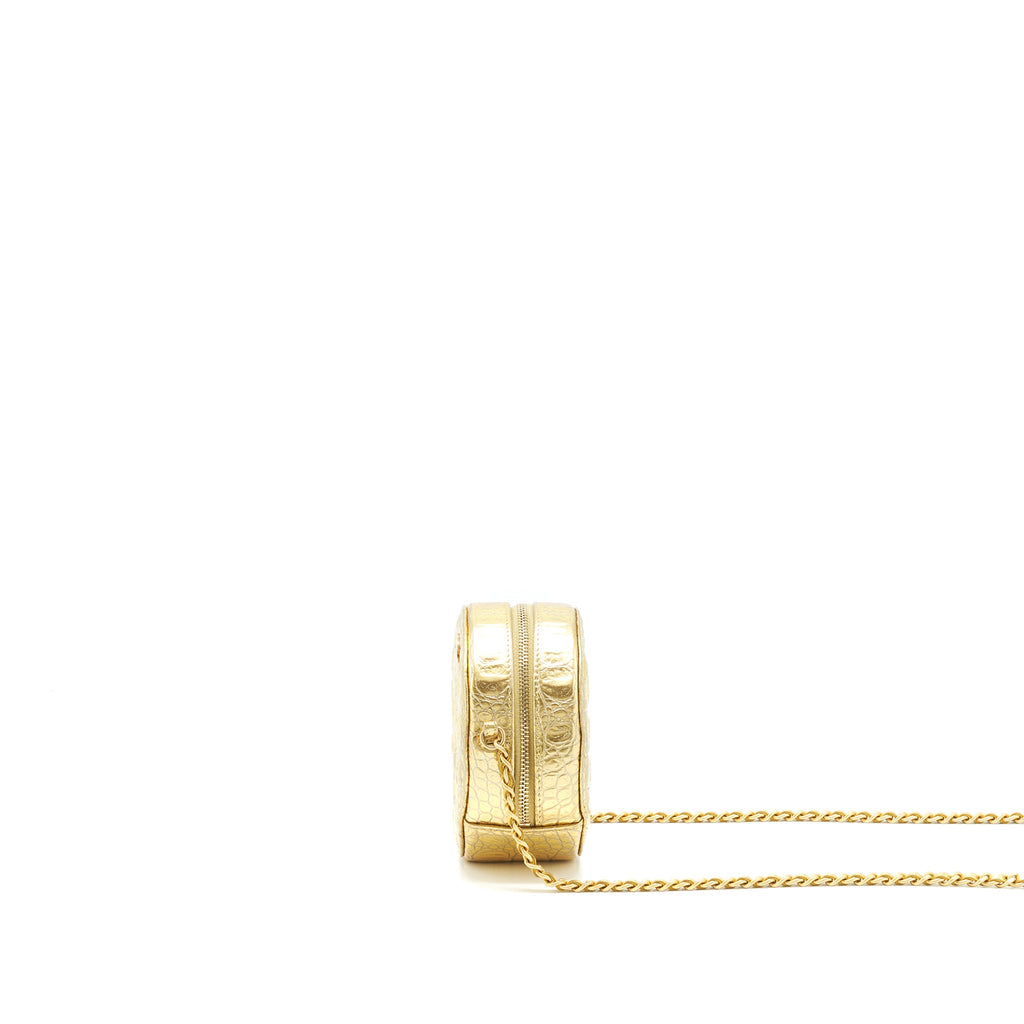 CHANEL MINI ROUND VANITY WITH CHAIN CROC EMBOSSED LEATHER GOLD GHW