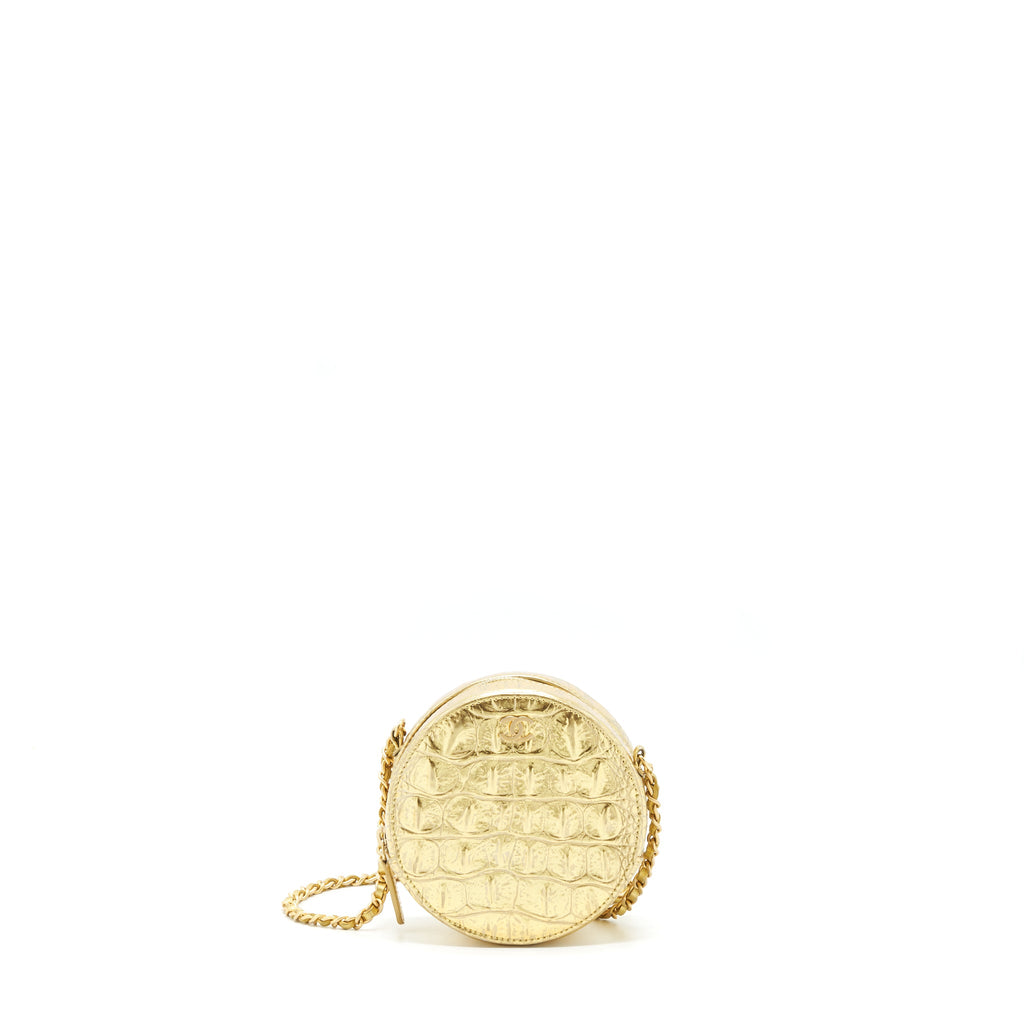 CHANEL MINI ROUND VANITY WITH CHAIN CROC EMBOSSED LEATHER GOLD GHW