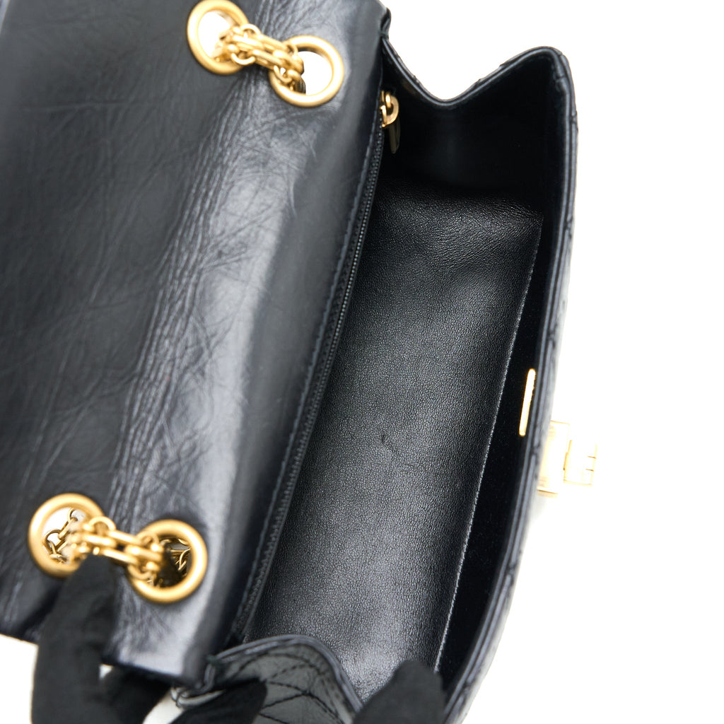 CHANEL MINI 2.55 REISSUE FLAP BAG AGED CALFSKIN BLACK BRUSHED GHW (MICROCHIP)