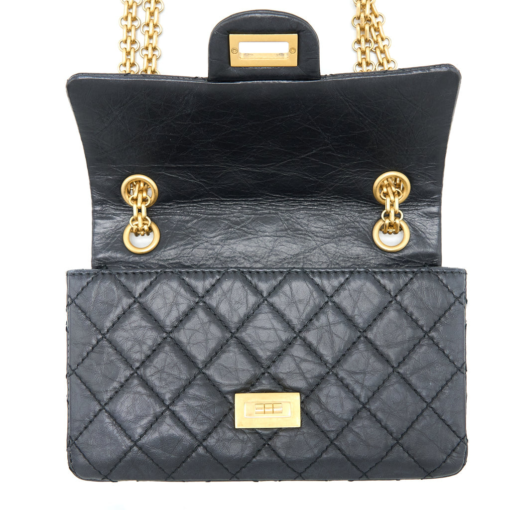 CHANEL MINI 2.55 REISSUE FLAP BAG AGED CALFSKIN BLACK BRUSHED GHW (MICROCHIP)
