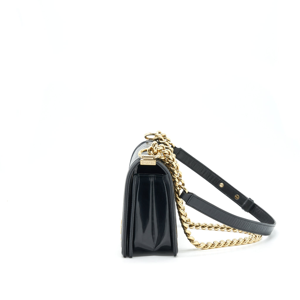 CHANEL MEDIUM LE BOY PATENT LEATHER BLACK LGHW