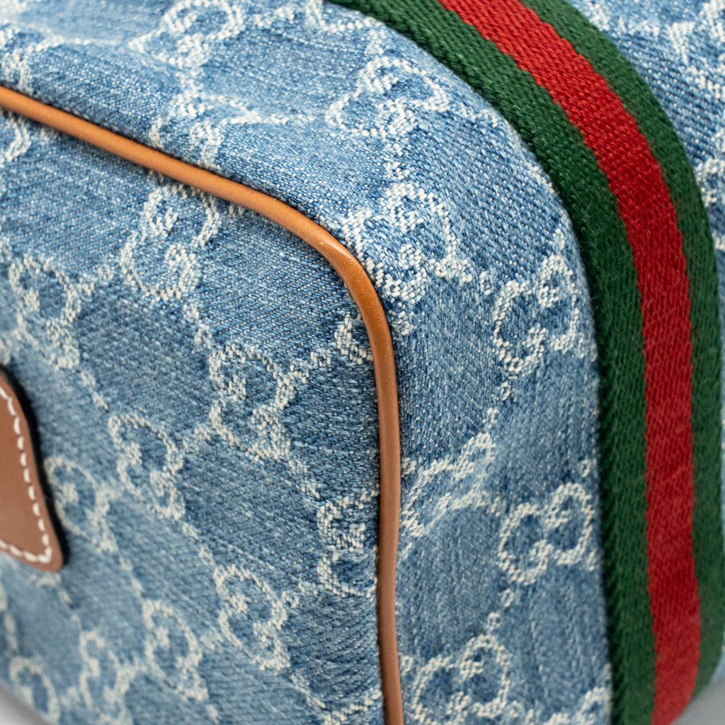 GUCCI MINI GG HANDBAG GG DENIM/LEATHER LIGHT BLUE/WHITE/BROWN GHW