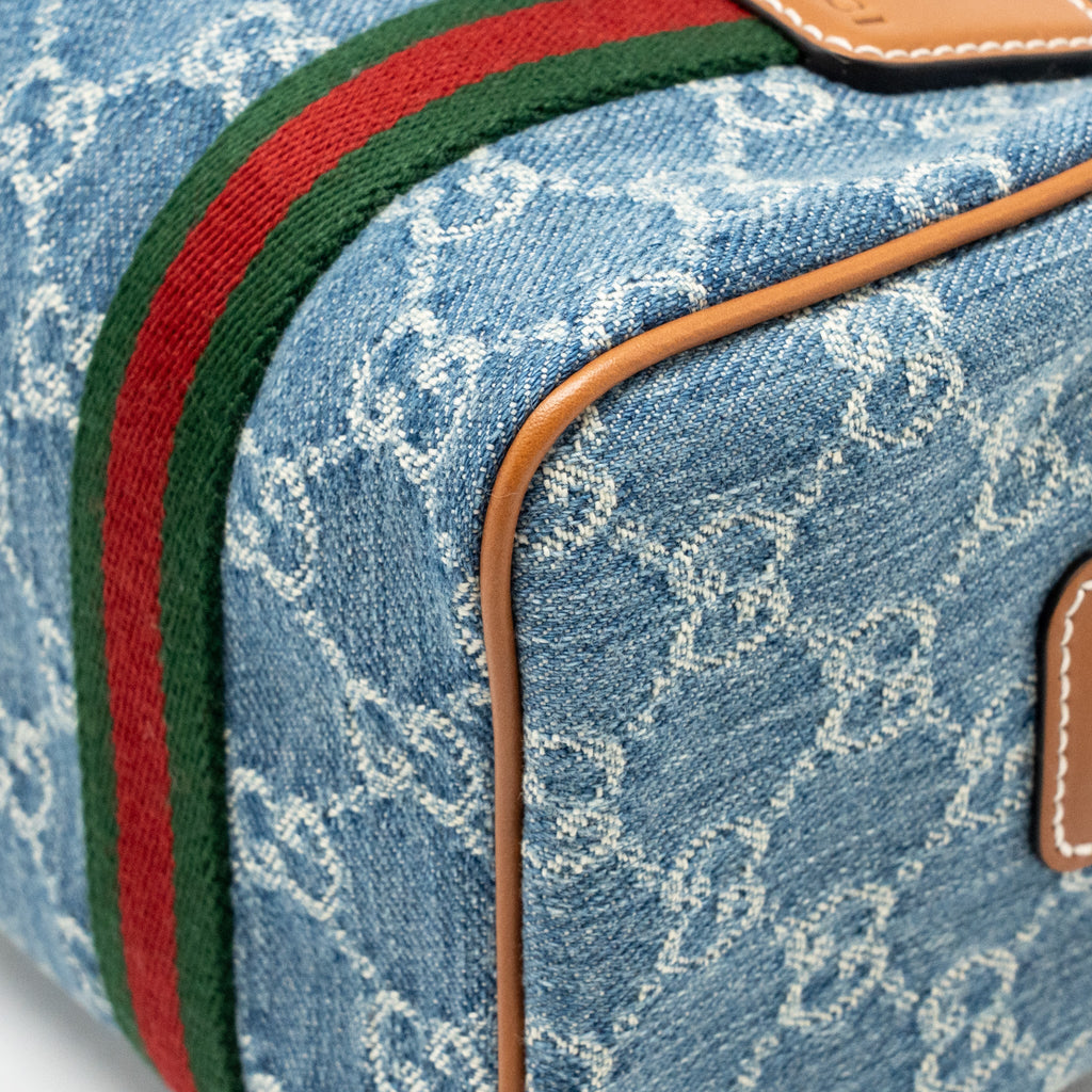 GUCCI MINI GG HANDBAG GG DENIM/LEATHER LIGHT BLUE/WHITE/BROWN GHW