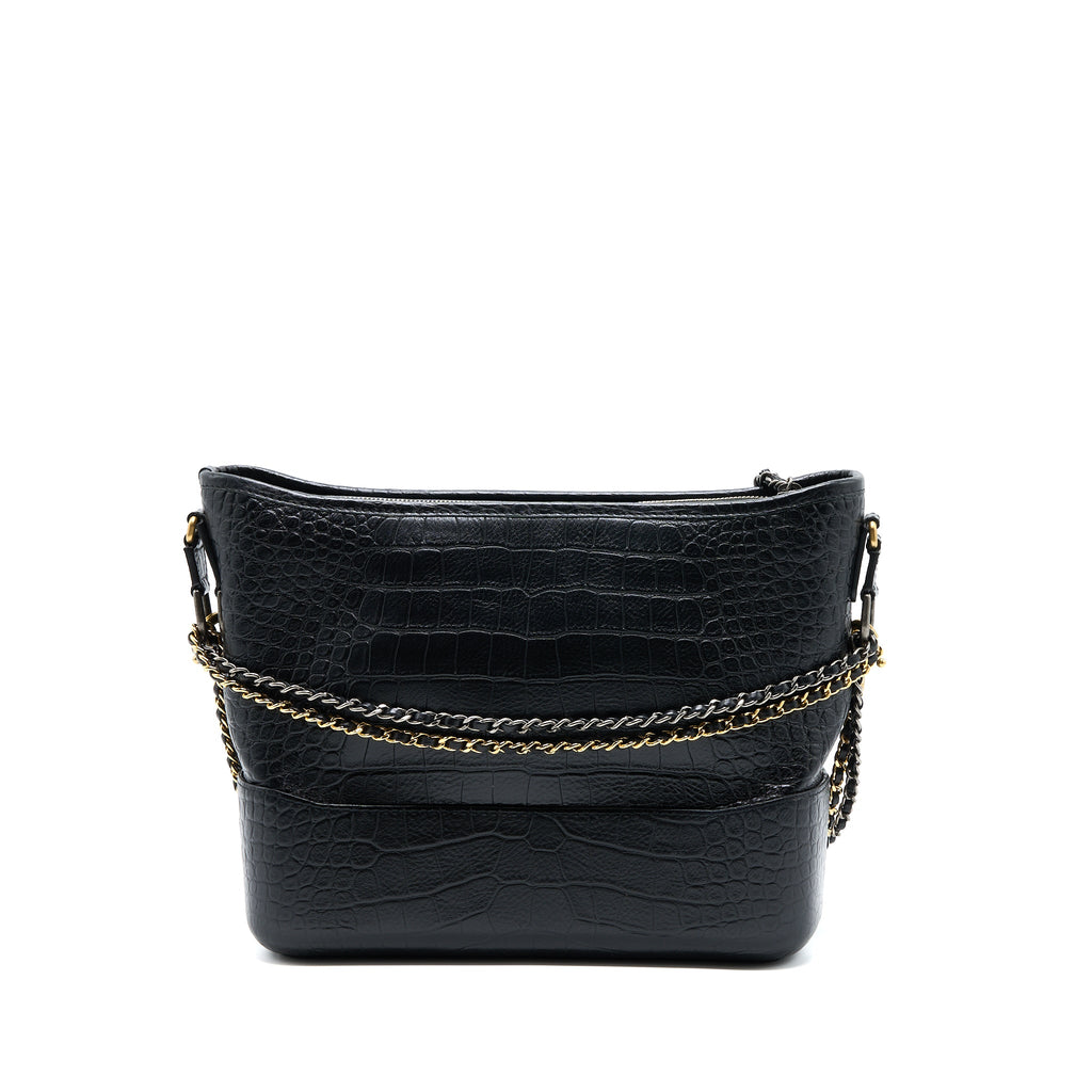 CHANEL LARGE GABRIELLE HOBO BAG CROC EMBOSSED CALFSKIN WITH LOGO STRAP BLACK MULTICOLOURED HARDWARE