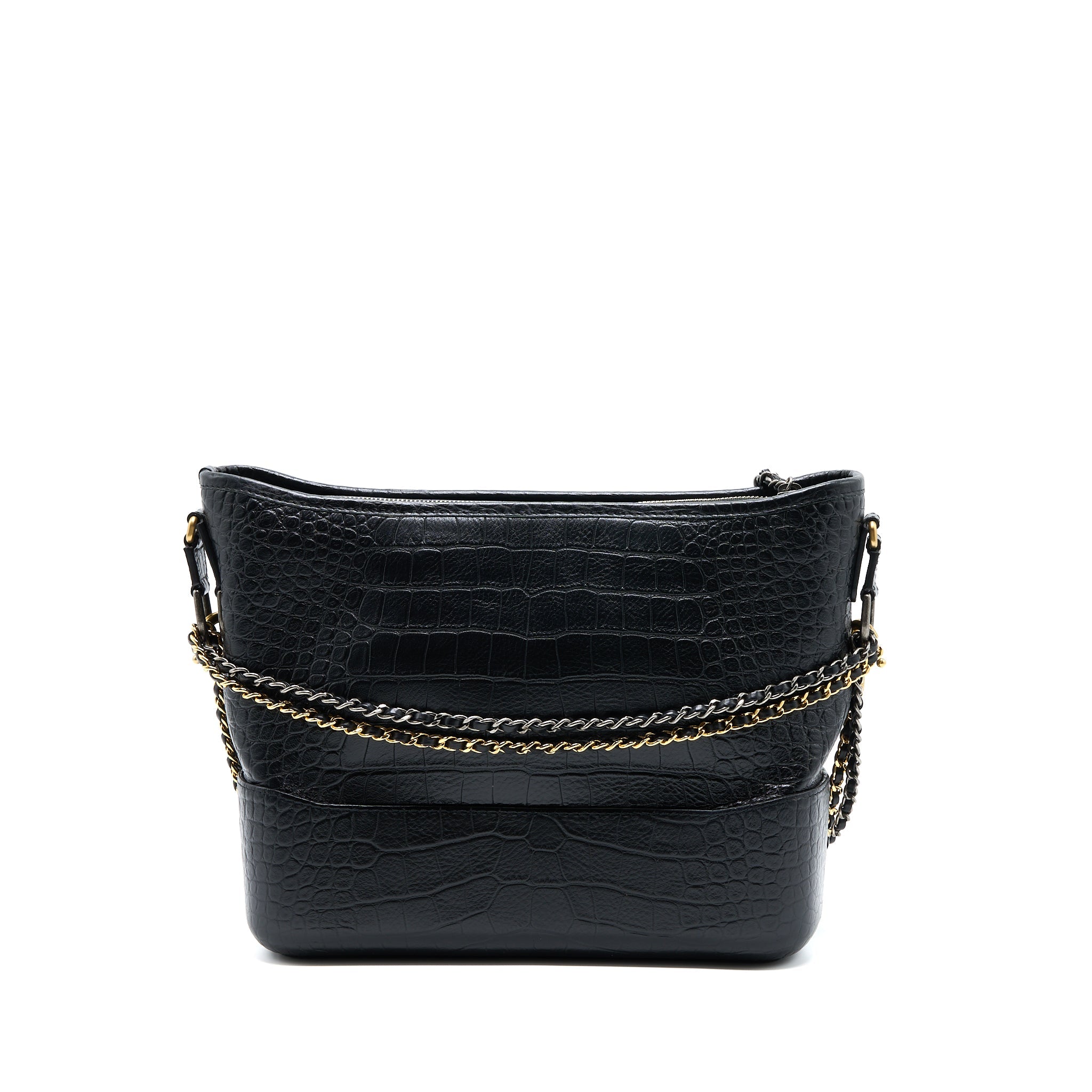 CHANEL LARGE GABRIELLE HOBO BAG CROC EMBOSSED CALFSKIN WITH LOGO STRAP BLACK MULTICOLOURED HARDWARE