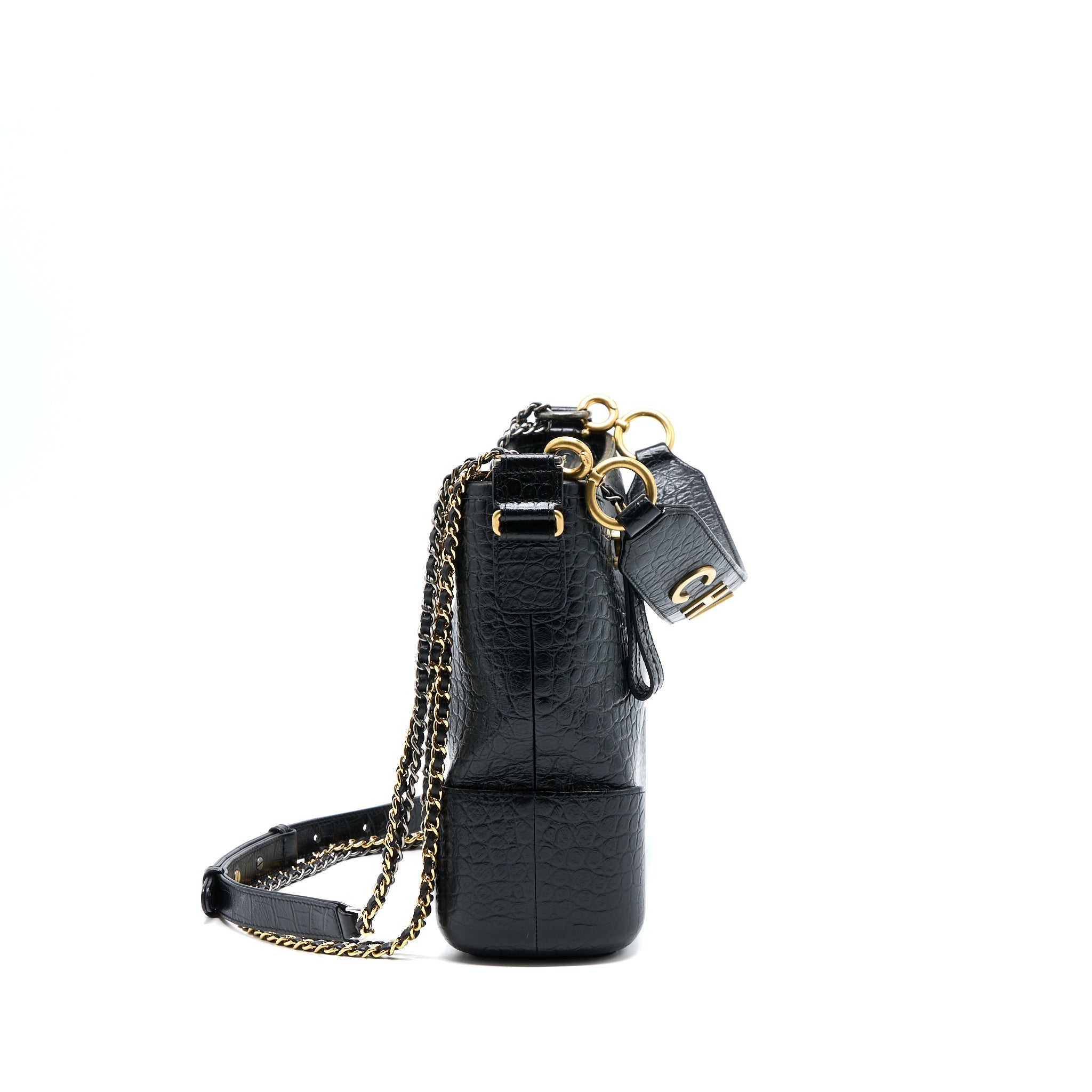 CHANEL LARGE GABRIELLE HOBO BAG CROC EMBOSSED CALFSKIN WITH LOGO STRAP BLACK MULTICOLOURED HARDWARE