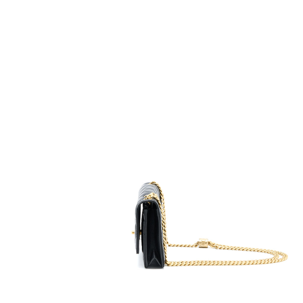CHANEL 22K GOLD PILLAR WALLET ON CHAIN LAMBSKIN BLACK BRUSHED GHW(MICROCHIP)