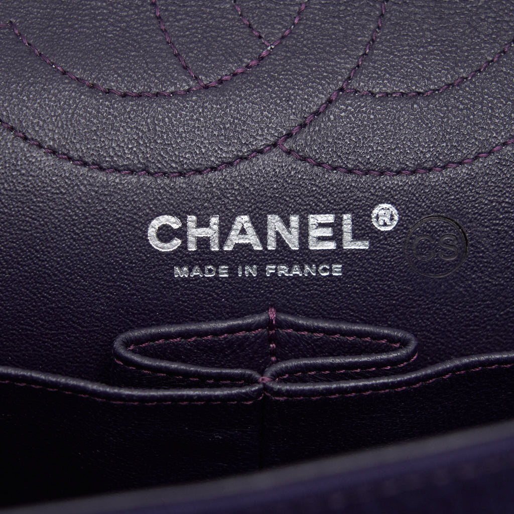 CHANEL 2.55 REISSUE 226 DOUBLE FLAP BAG FABRIC PURPLE RUTHENIUM SLIVER HARDWARE