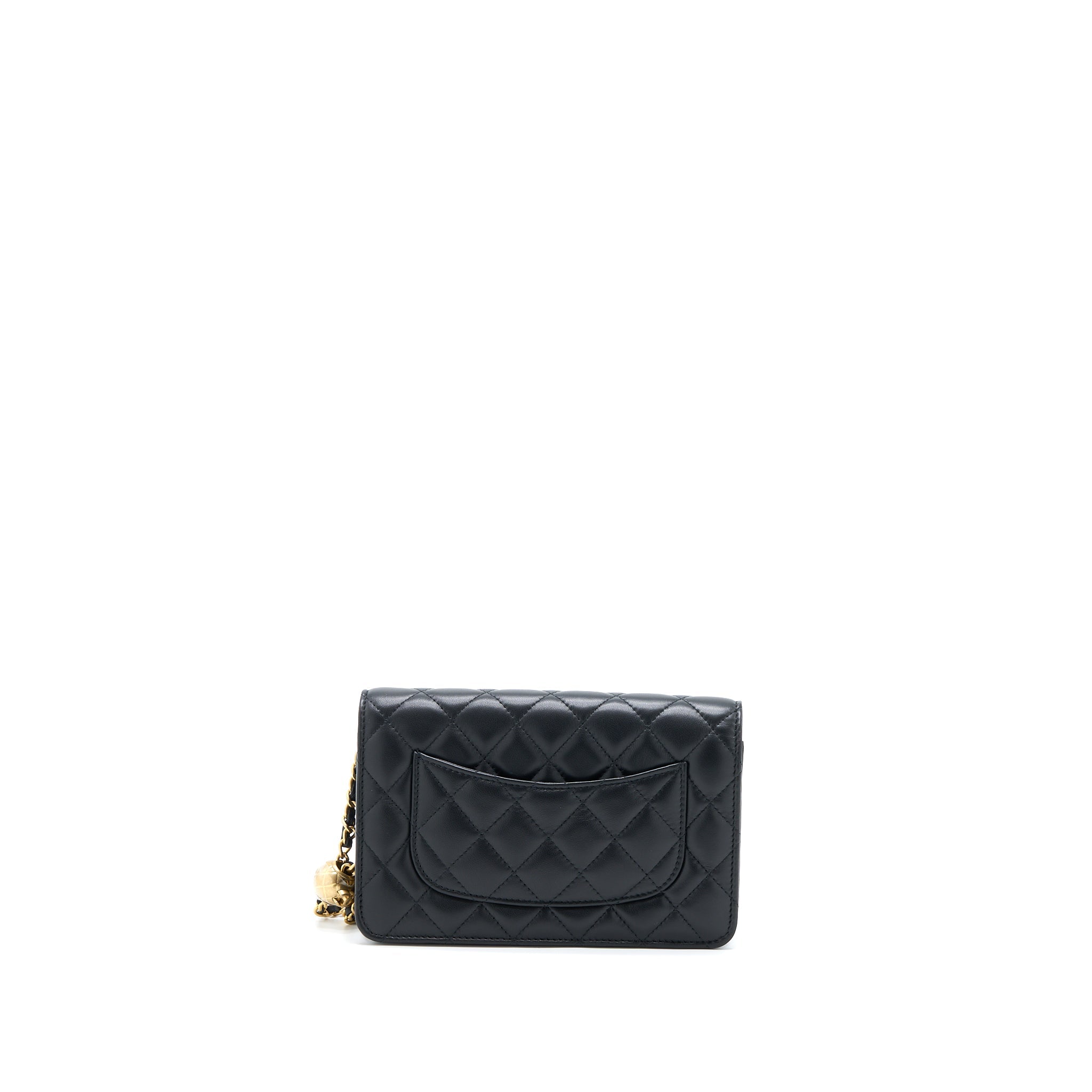 CHANEL PEARL CRUSH WALLET ON CHAIN LAMBSKIN BLACK BRUSHED GHW (MICROCHIP)