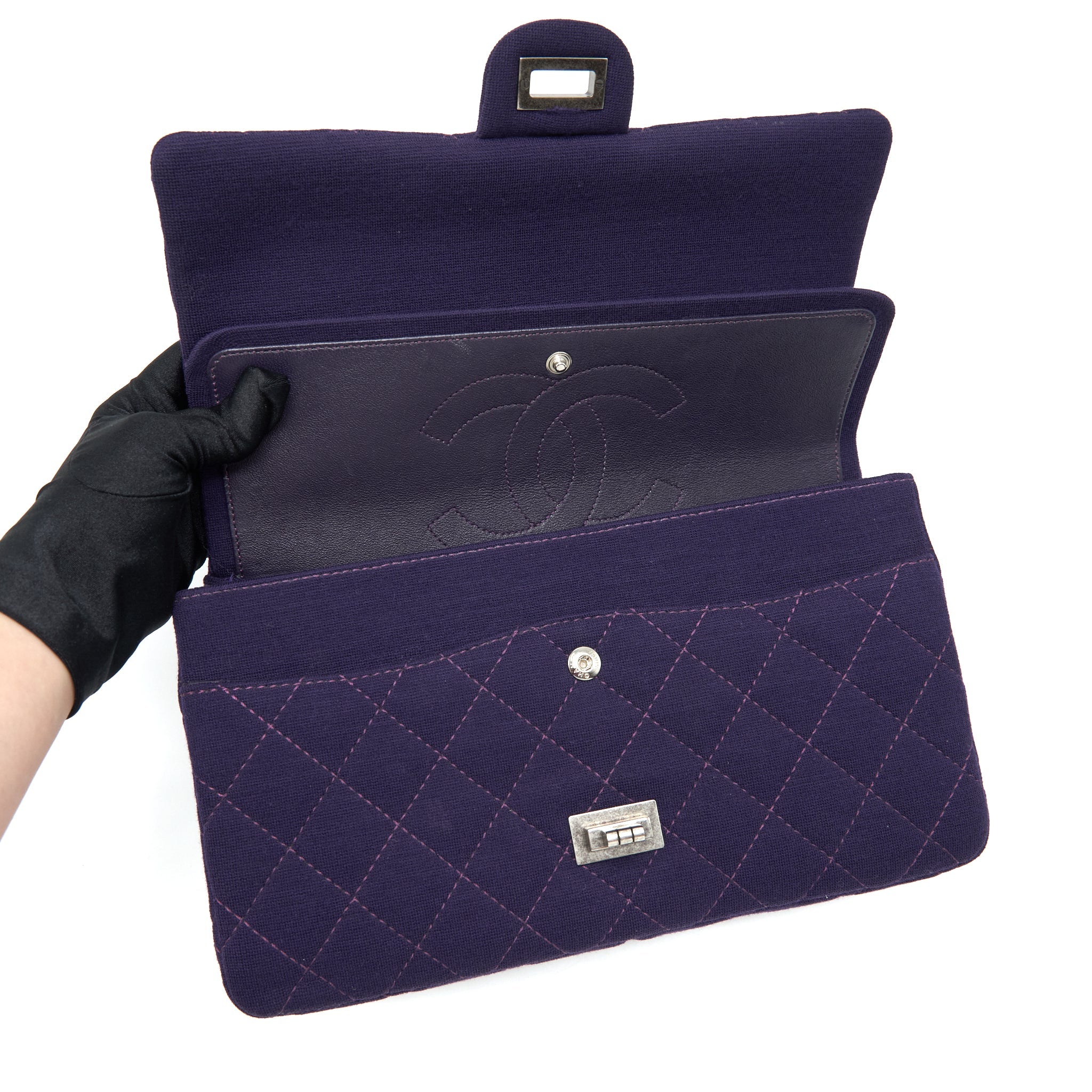 CHANEL 2.55 REISSUE 226 DOUBLE FLAP BAG FABRIC PURPLE RUTHENIUM SLIVER HARDWARE