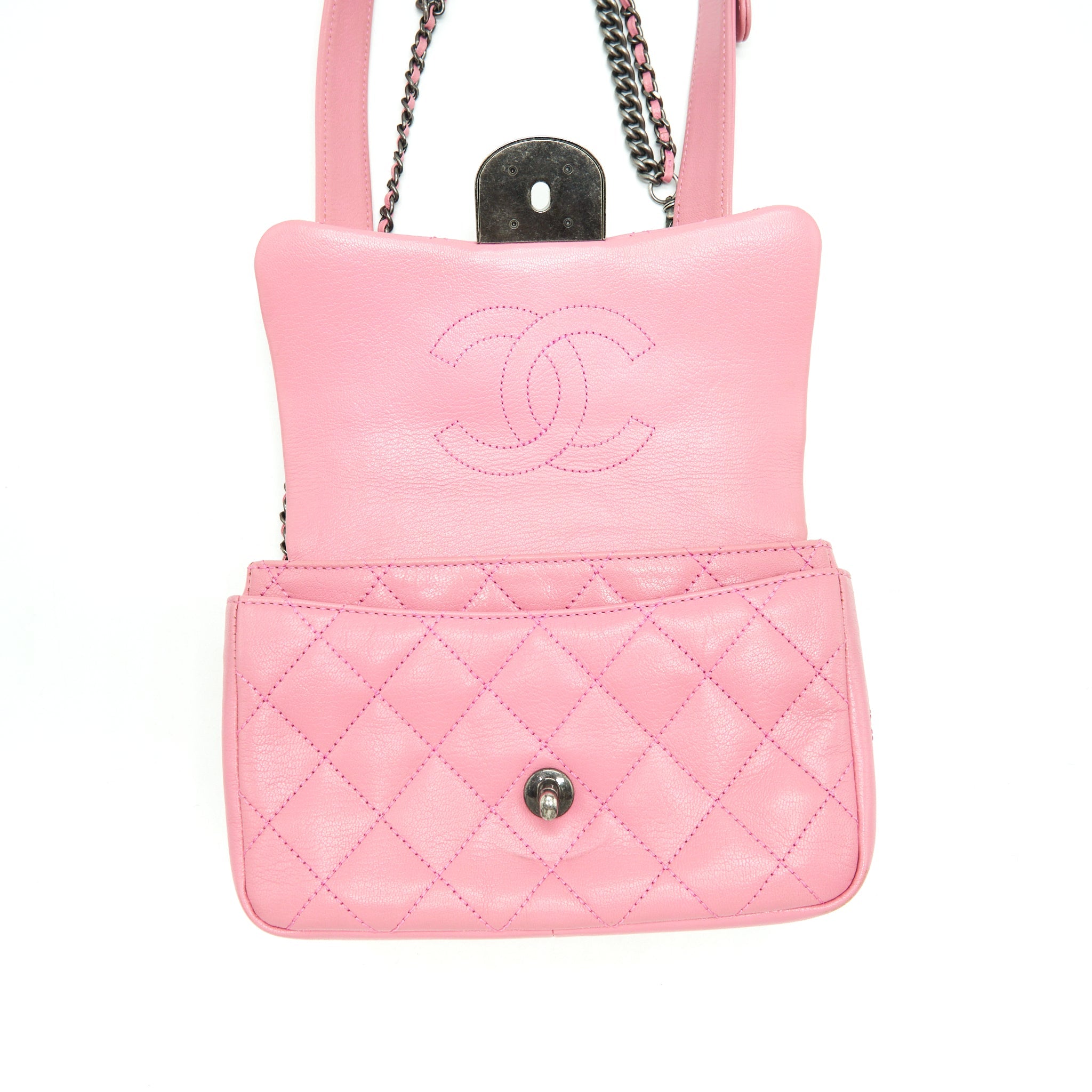 CHANEL QUILTED FLAP CROSS BODY BAG PINK WITH RUTHENIUM HARDWARE