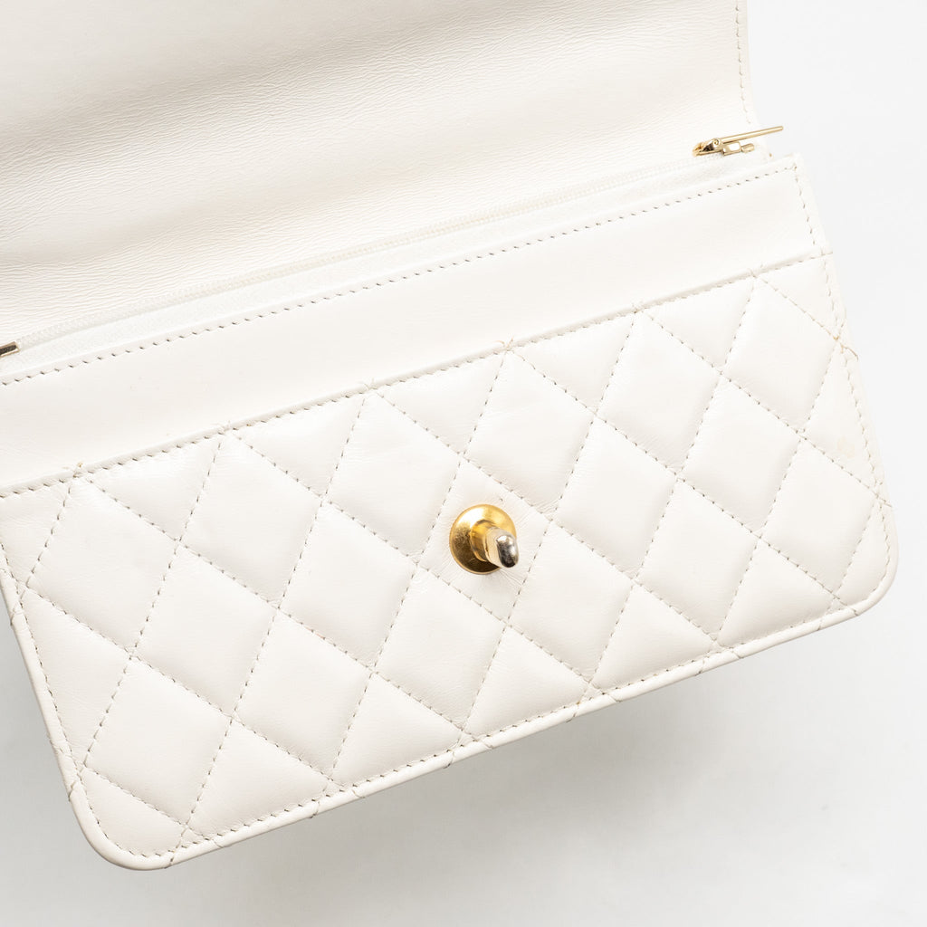 CHANEL TOP HANDLE WALLET WITH CHAIN CALFSKIN WHITE GHW (MICROCHIP)