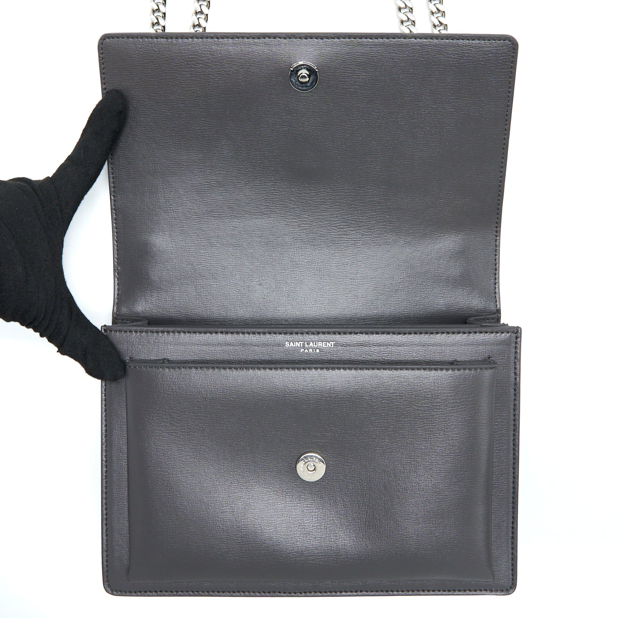 SAINT LAURENT SUNSET CHAIN BAG CALFSKIN DARK GREY SHW