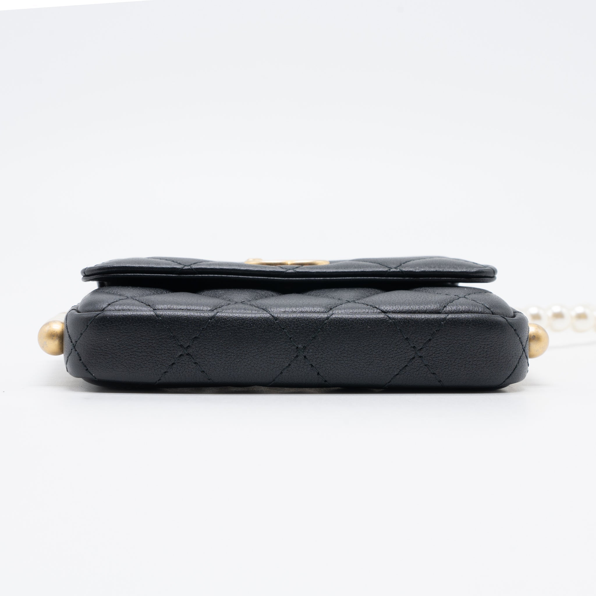 CHANEL PEARL CHAIN MINI FLAP BAG LAMBSKIN BLACK BRUSHED GHW