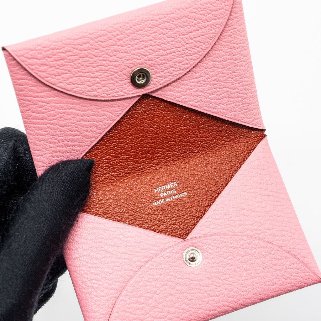 HERMES CALVI CARD HOLDER CHEVRE MYSORE ROSE CONFETTI/ BRIQUE SHW