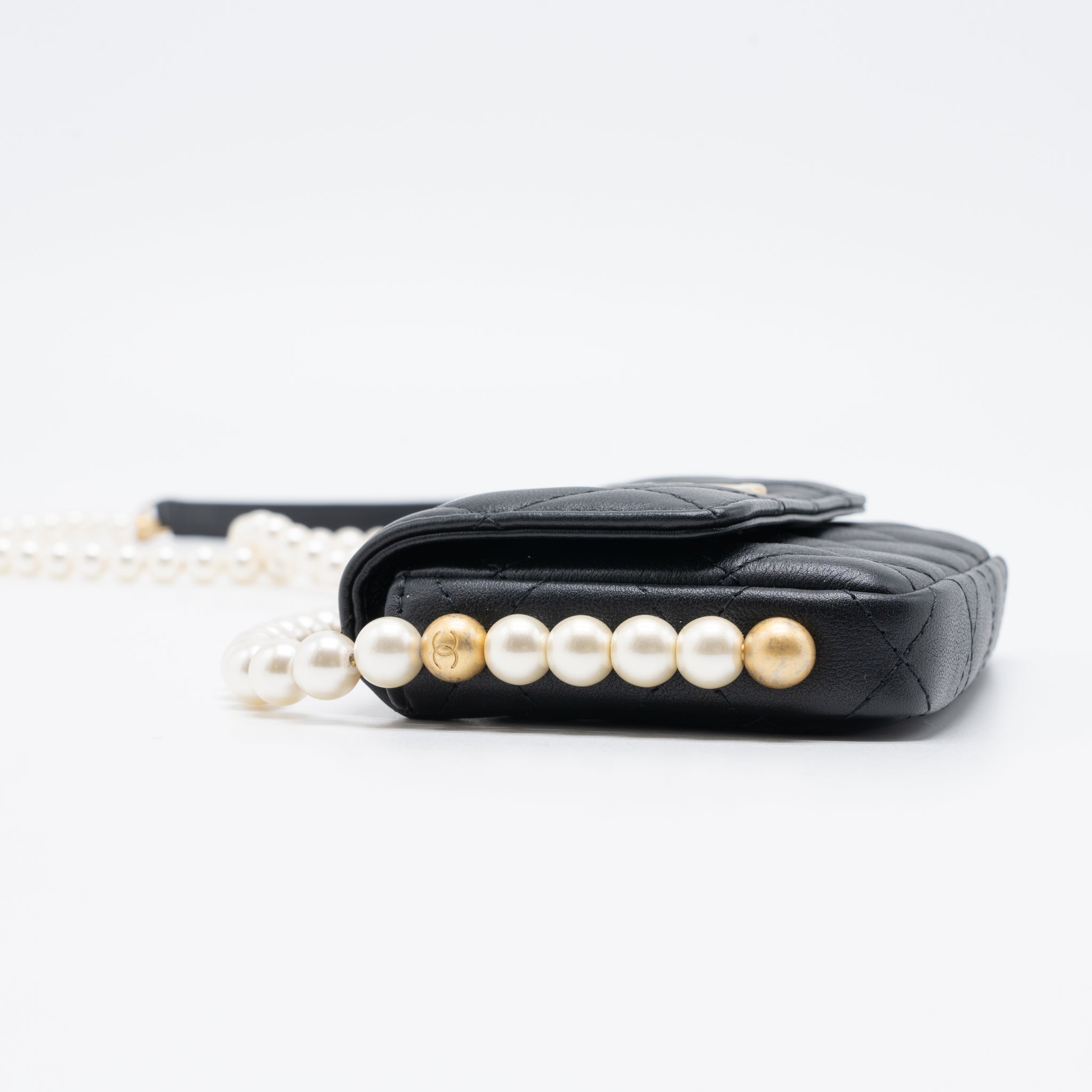 CHANEL PEARL CHAIN MINI FLAP BAG LAMBSKIN BLACK BRUSHED GHW