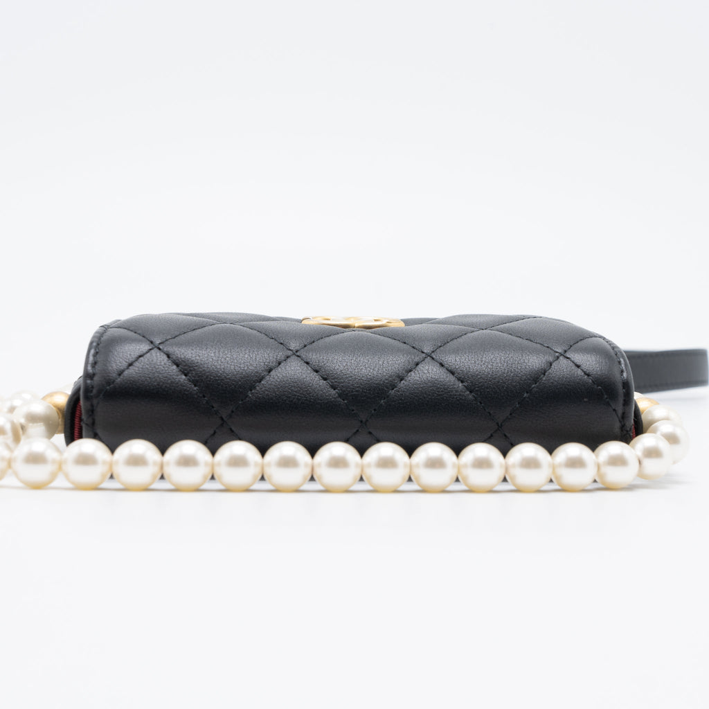 CHANEL PEARL CHAIN MINI FLAP BAG LAMBSKIN BLACK BRUSHED GHW