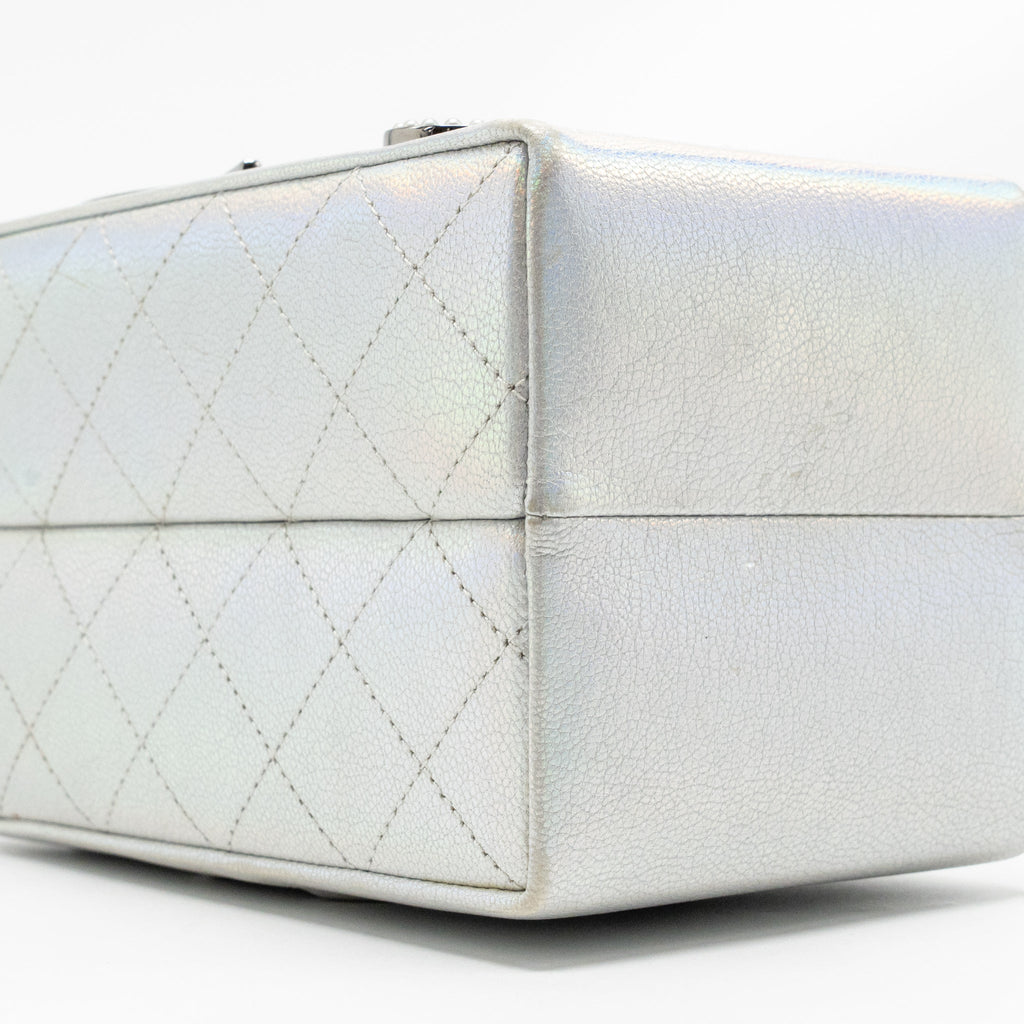 CHANEL 14K LIMITED EDITION RUNWAY LAIT DE COCO MILK CARTON EVENING CHAIN BAG GOATSKIN IRIDESCENT SILVER SHINY RUTHENIUM HARDWARE