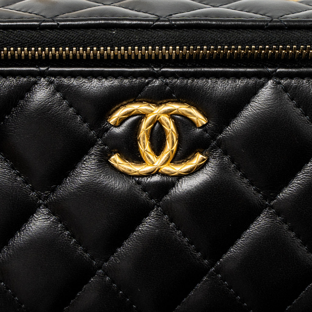 CHANEL 22K GOLD PILLAR ADJUSTABLE CHAIN LONG VANITY LAMBSKIN BLACK BRUSHED GHW(MICROCHIP)