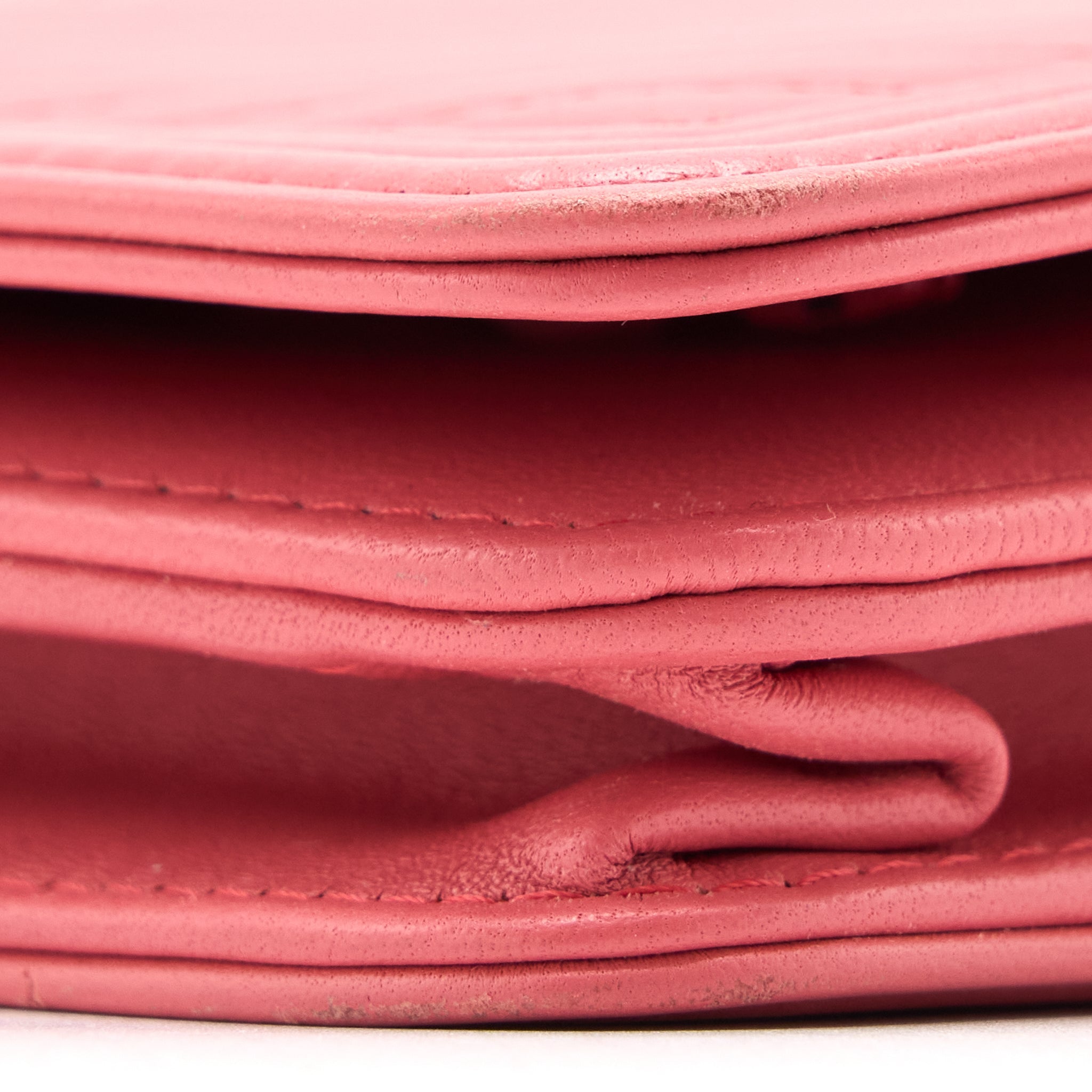CHANEL BOY WALLET ON CHAIN CHEVRON CALFSKIN PINK LGHW