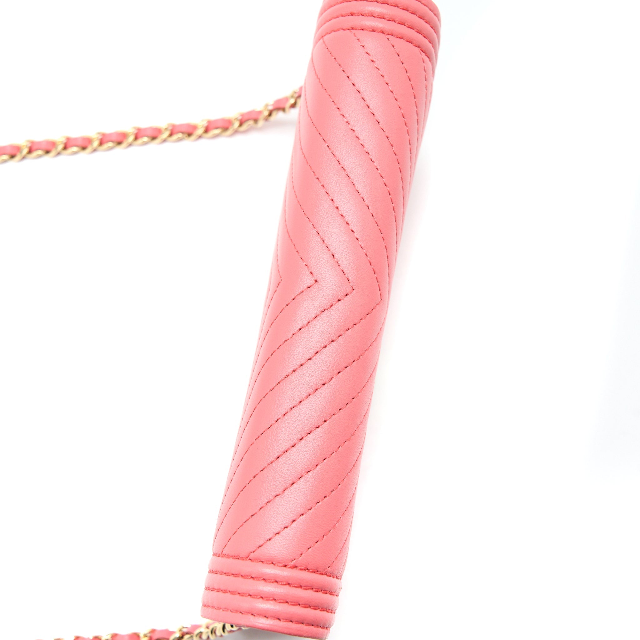 CHANEL BOY WALLET ON CHAIN CHEVRON CALFSKIN PINK LGHW