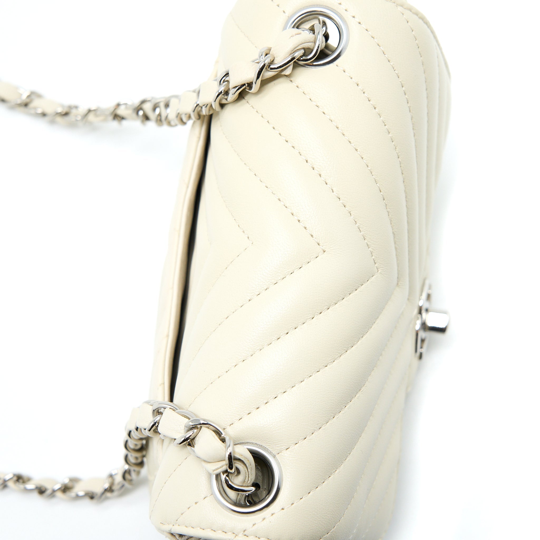 CHANEL 21C MINI SQUARE FLAP BAG CHEVRON LAMBSKIN BEIGE SHW