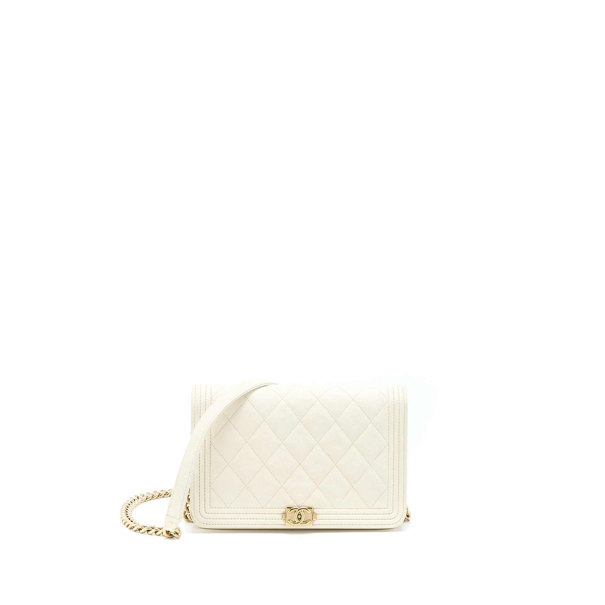 CHANEL BOY WALLET ON CHAIN CAVIAR WHITE LGHW