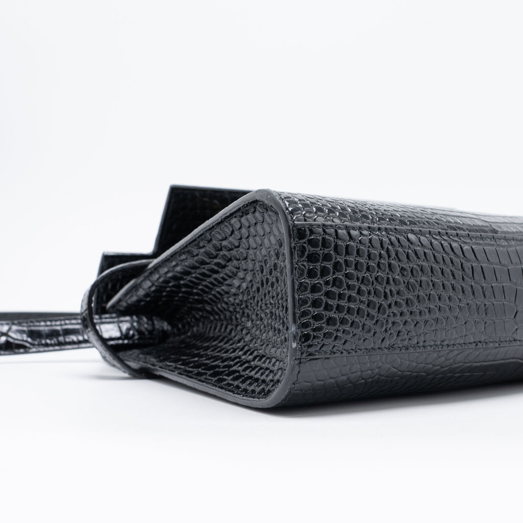 SAINT LAURENT MANHATTAN SHOULDER BAG CROCODILE-EMBOSSED BLACK GHW