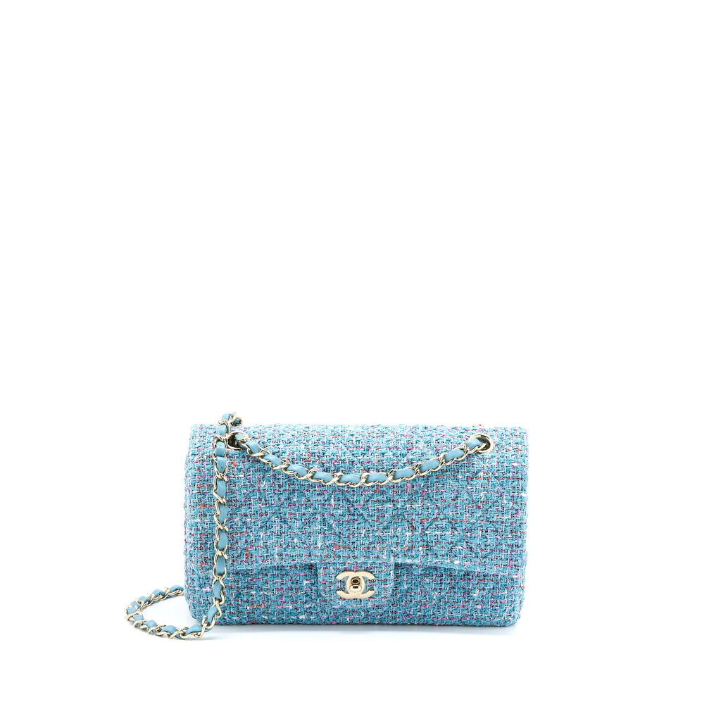 CHANEL TWEED MEDIUM CLASSIC DOUBLE FLAP BAG LIGHT BLUE LGHW