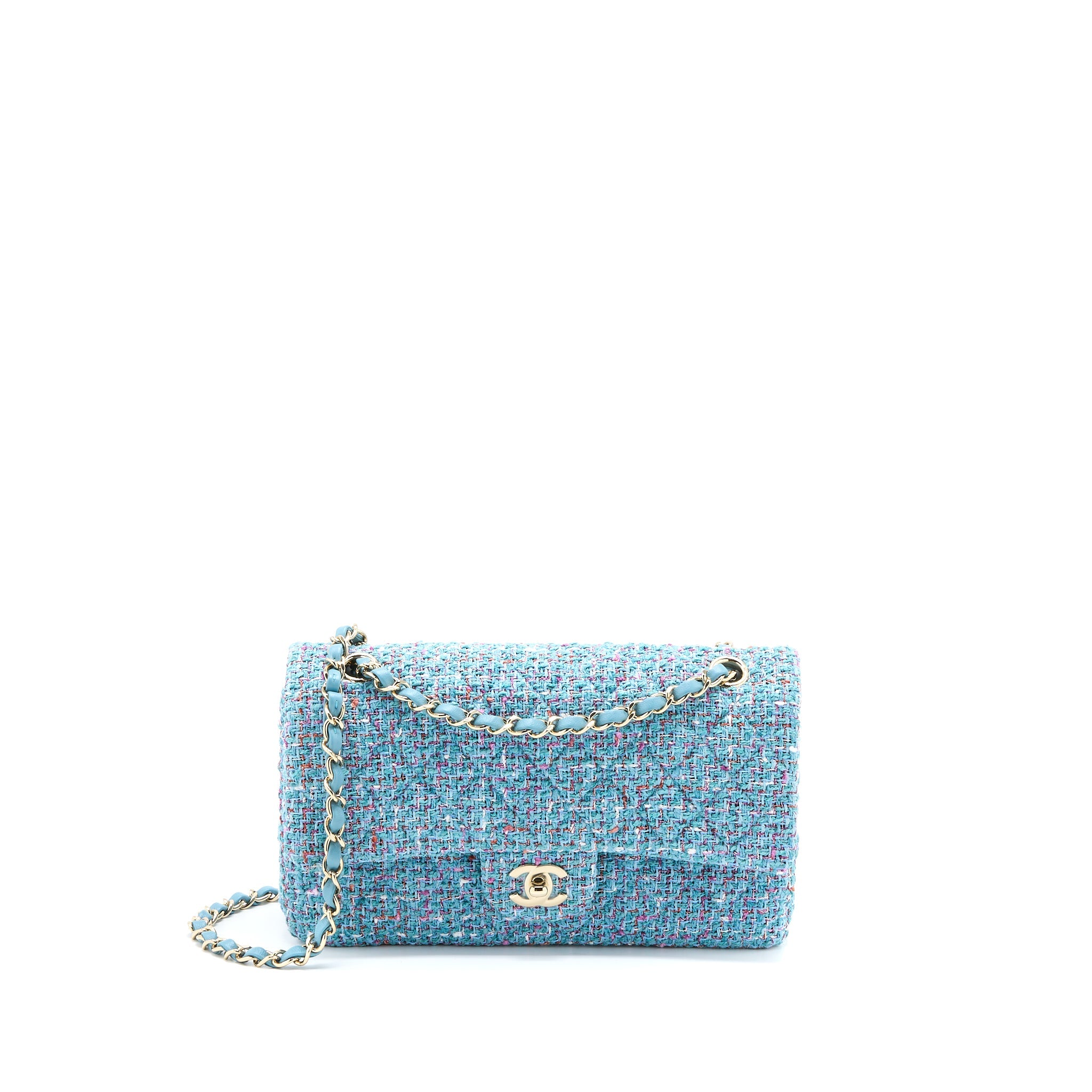 CHANEL TWEED MEDIUM CLASSIC DOUBLE FLAP BAG LIGHT BLUE LGHW