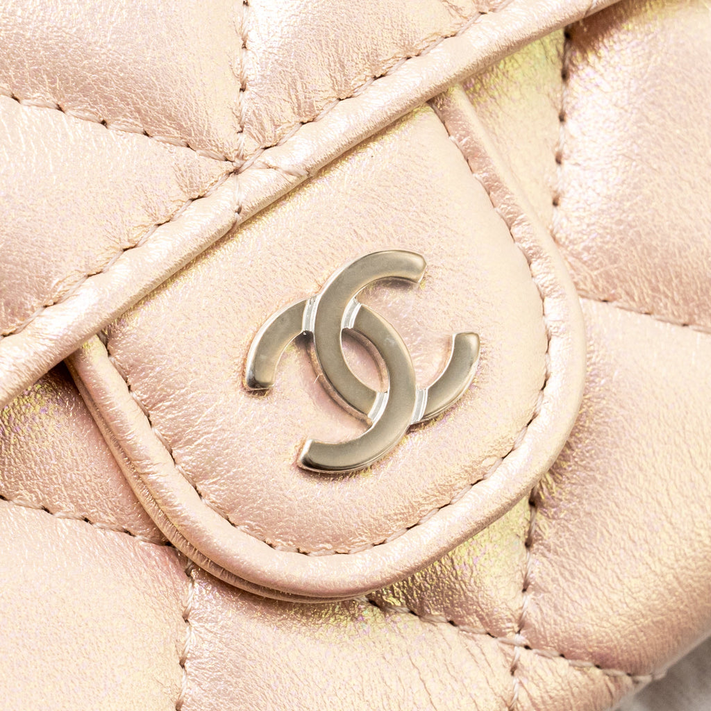 CHANEL QUILTED SMALL CLASSIC FLAP WALLET / CARD HOLDER CALFSKIN IRIDESCENT PINK SHW