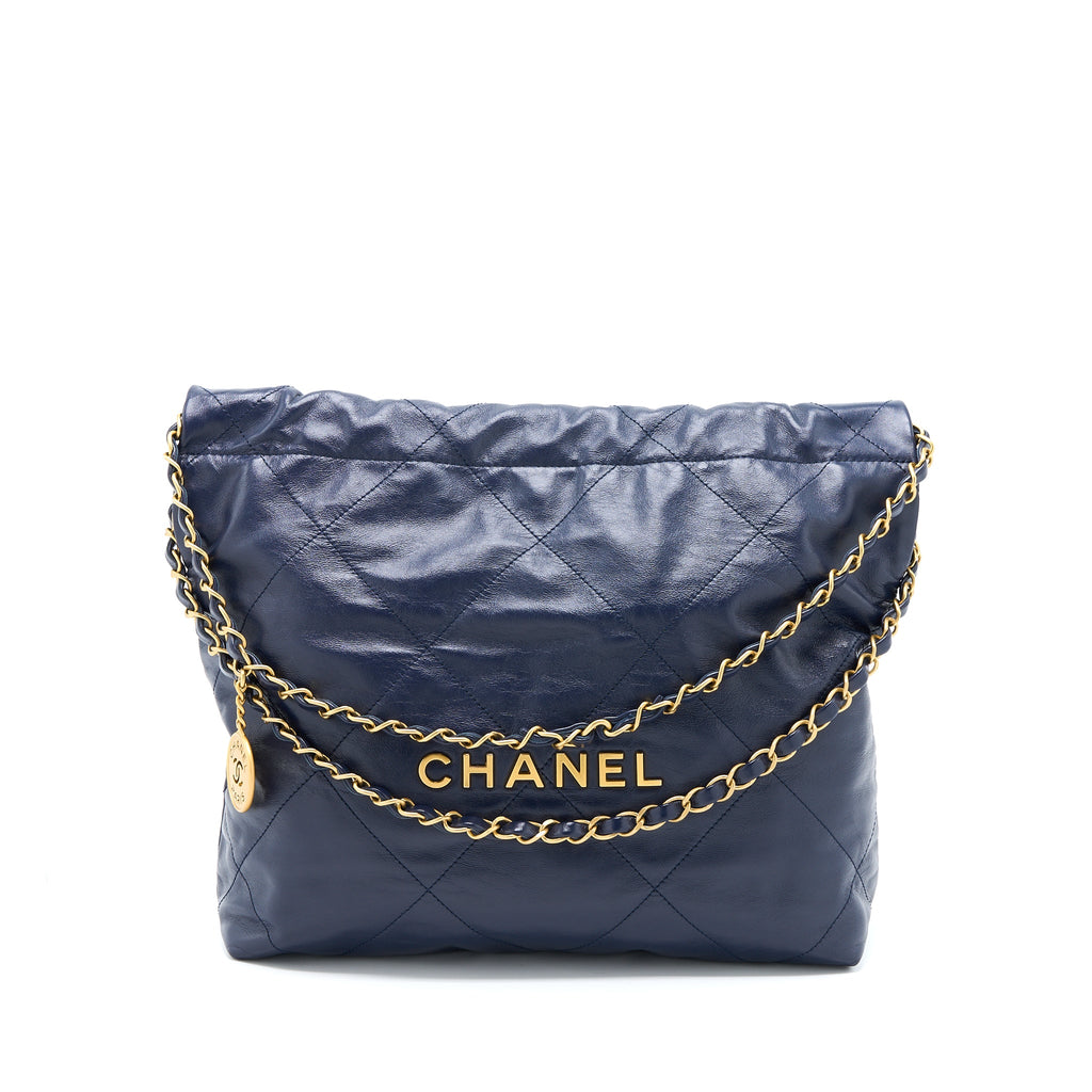 CHANEL SMALL 22 BAG SHINY CALFSKIN NAVY GHW (MICROCHIP)