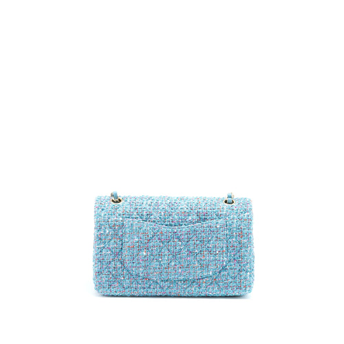 CHANEL TWEED MEDIUM CLASSIC DOUBLE FLAP BAG LIGHT BLUE LGHW