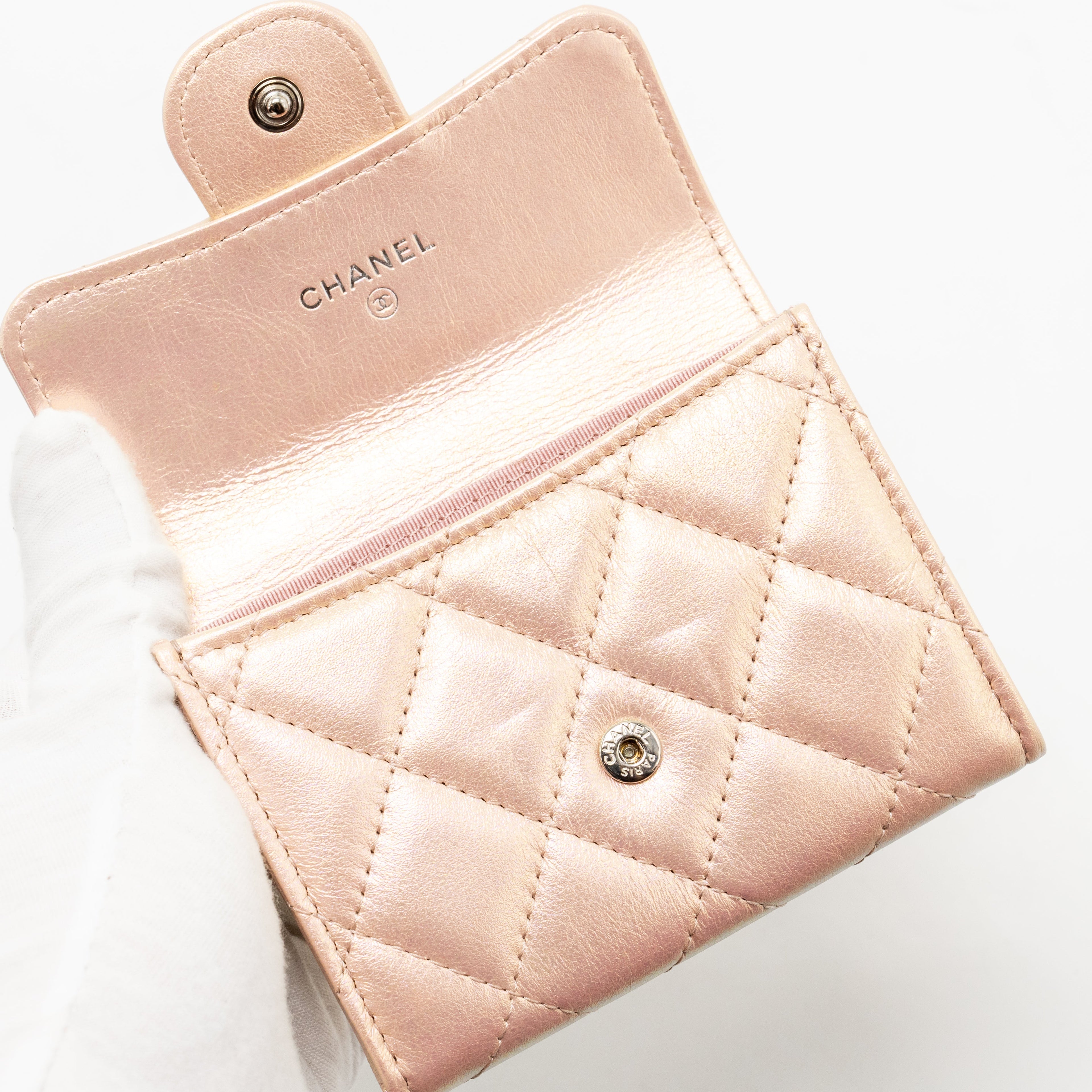 CHANEL QUILTED SMALL CLASSIC FLAP WALLET / CARD HOLDER CALFSKIN IRIDESCENT PINK SHW