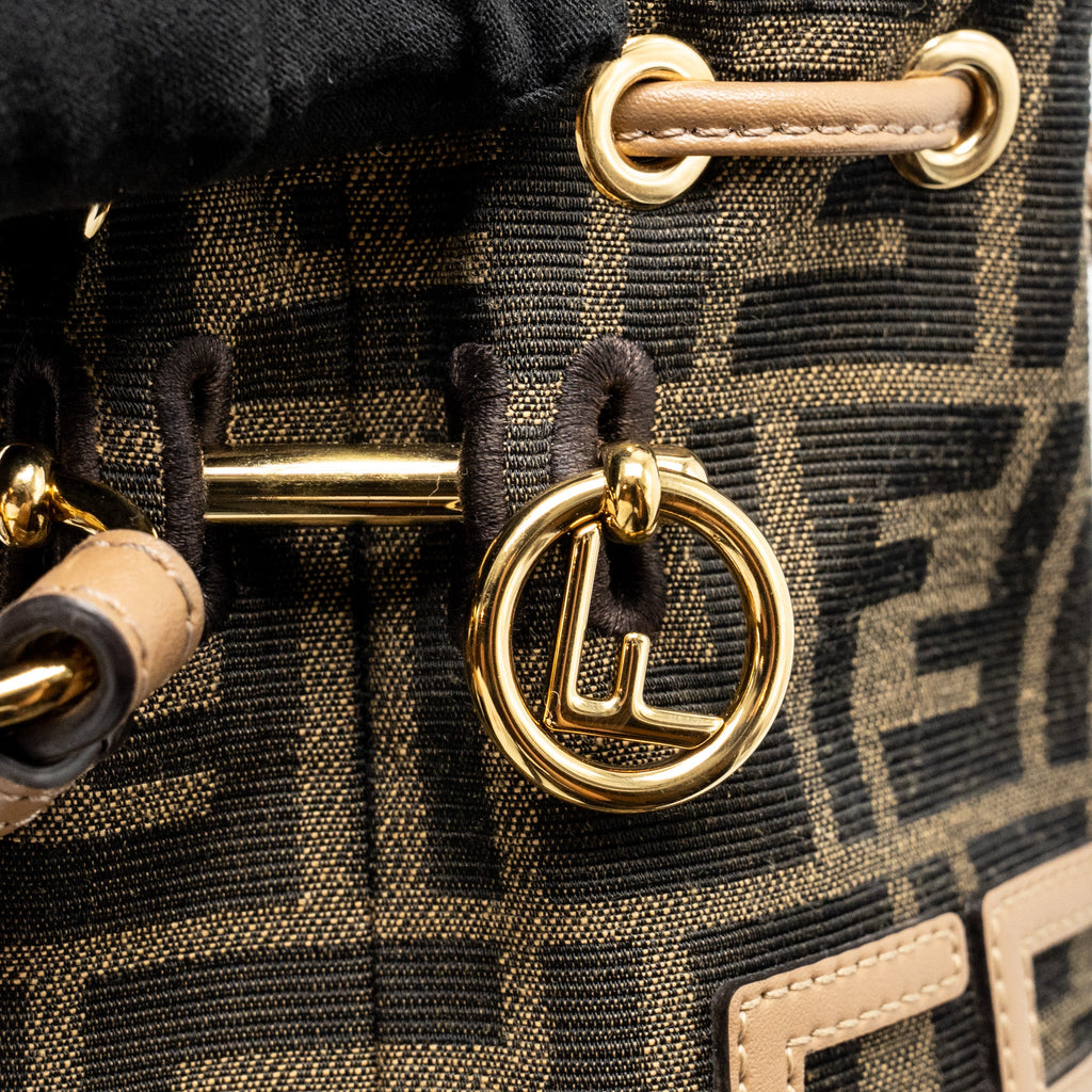 FENDI MINI MON TRESOR BUCKET BAG FF JACQUARD RAFFIA/FABRIC/CALFSKIN BROWN GHW